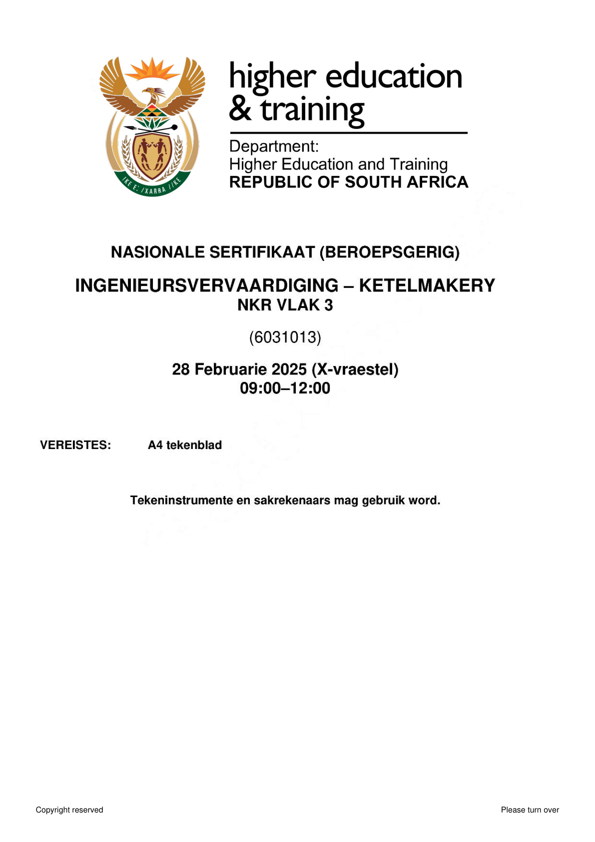 Engineering Fabrication: Boilermaking Level 3 DHET NCV February 2025 - Question Paper