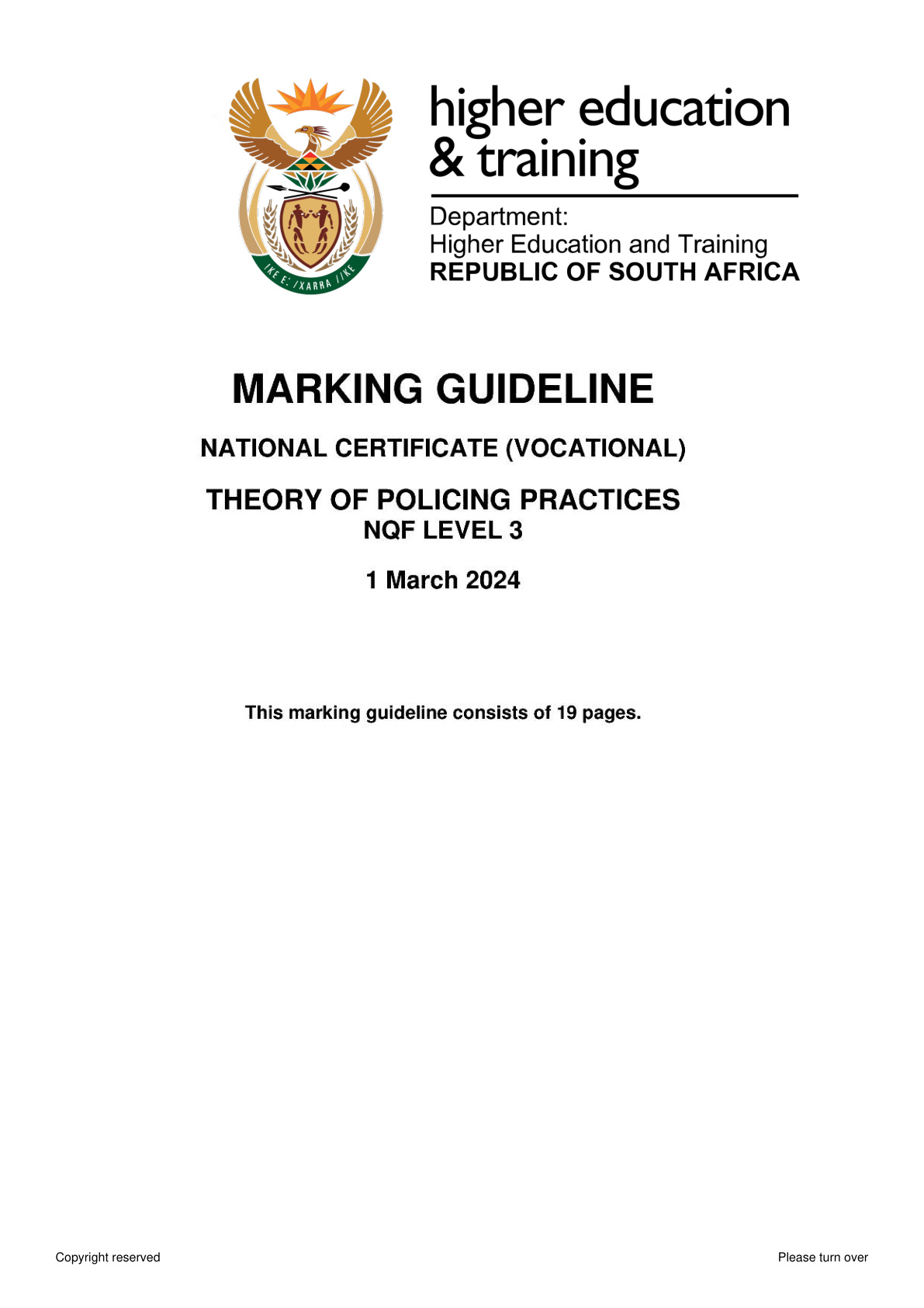 Theory of Policing Practices Level 3 DHET NCV 2024 - Memo