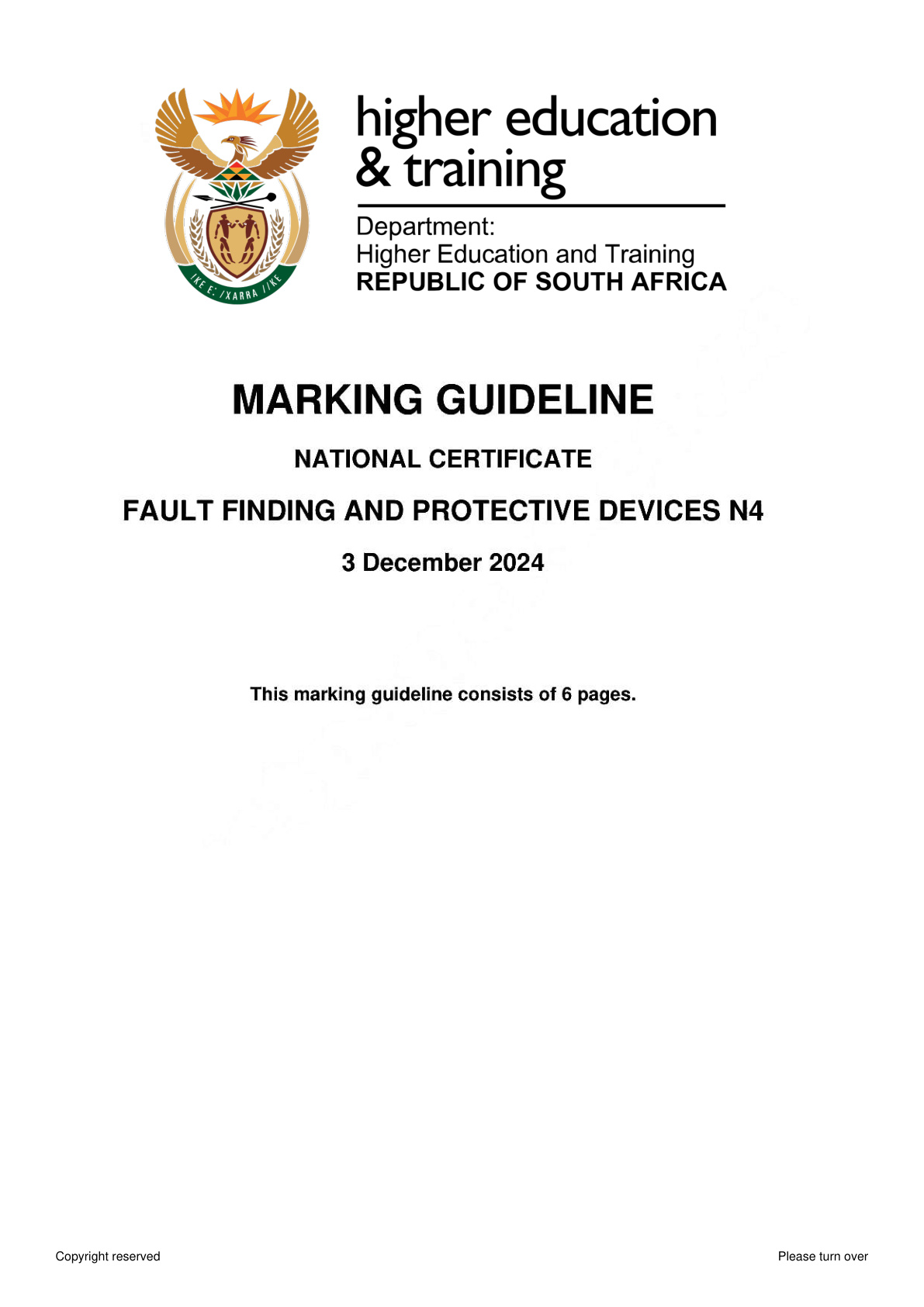 Fault Finding and Protective Devices N4 DHET NATED November 2024 - Memo
