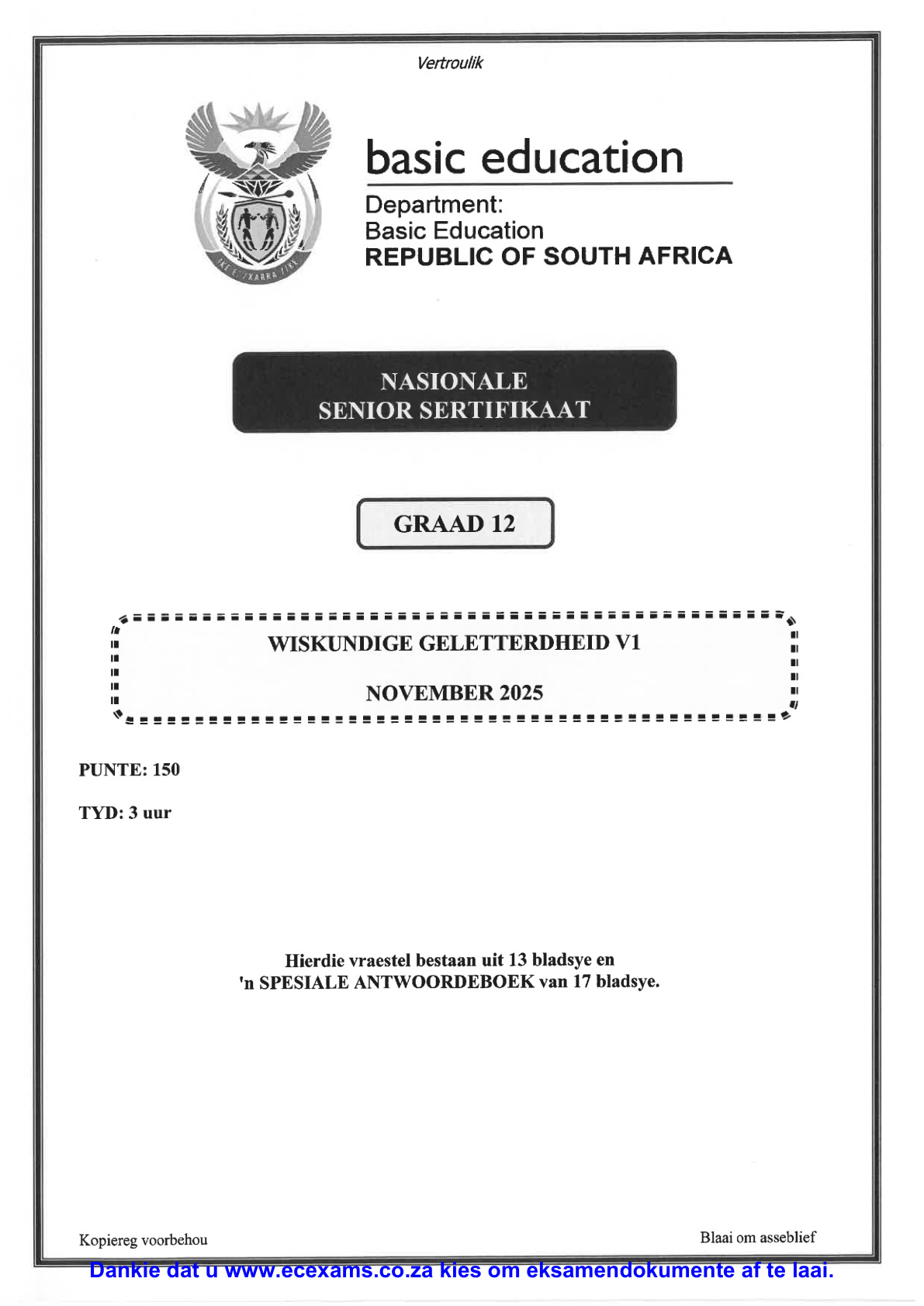 Mathematical Literacy Grade 12 DBE NSC November 2025 Paper 1 - Question Paper (Eastern Cape)
