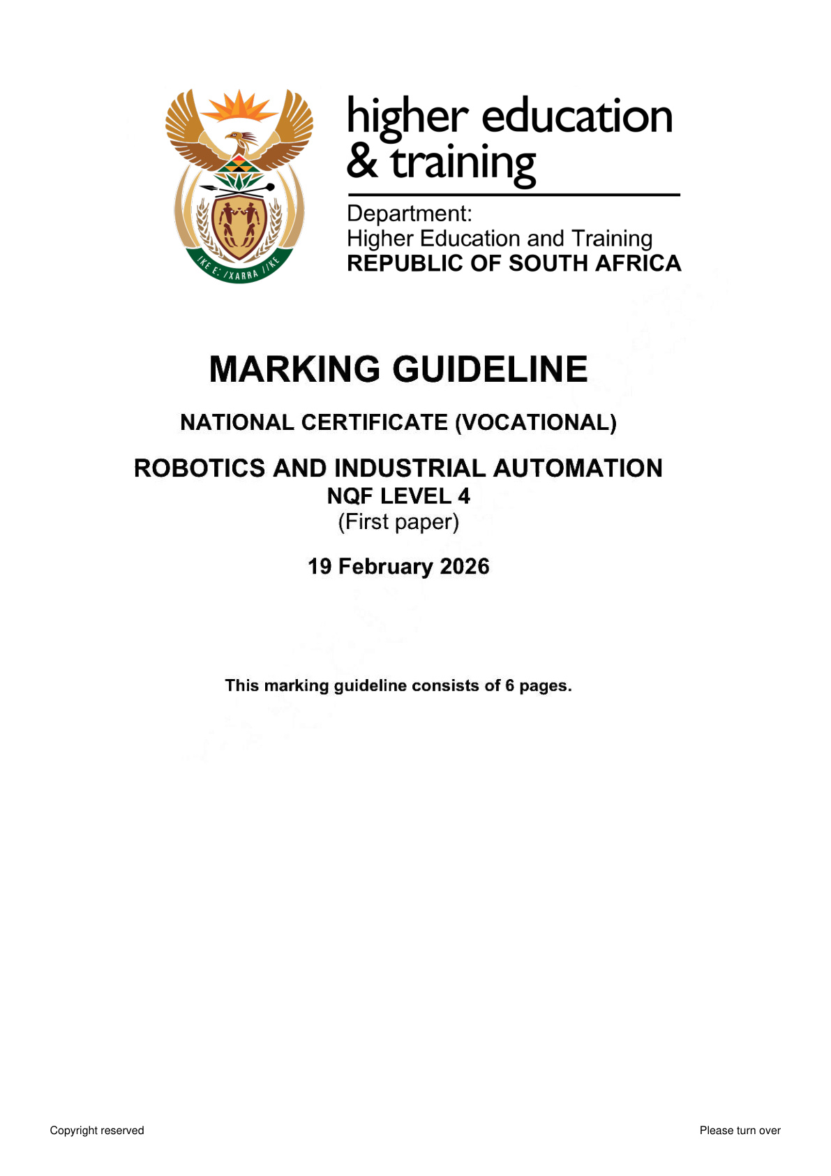 Robotics And Industrial Automation Level 4 Dhet NCV 2026 Paper 1 - Memo
