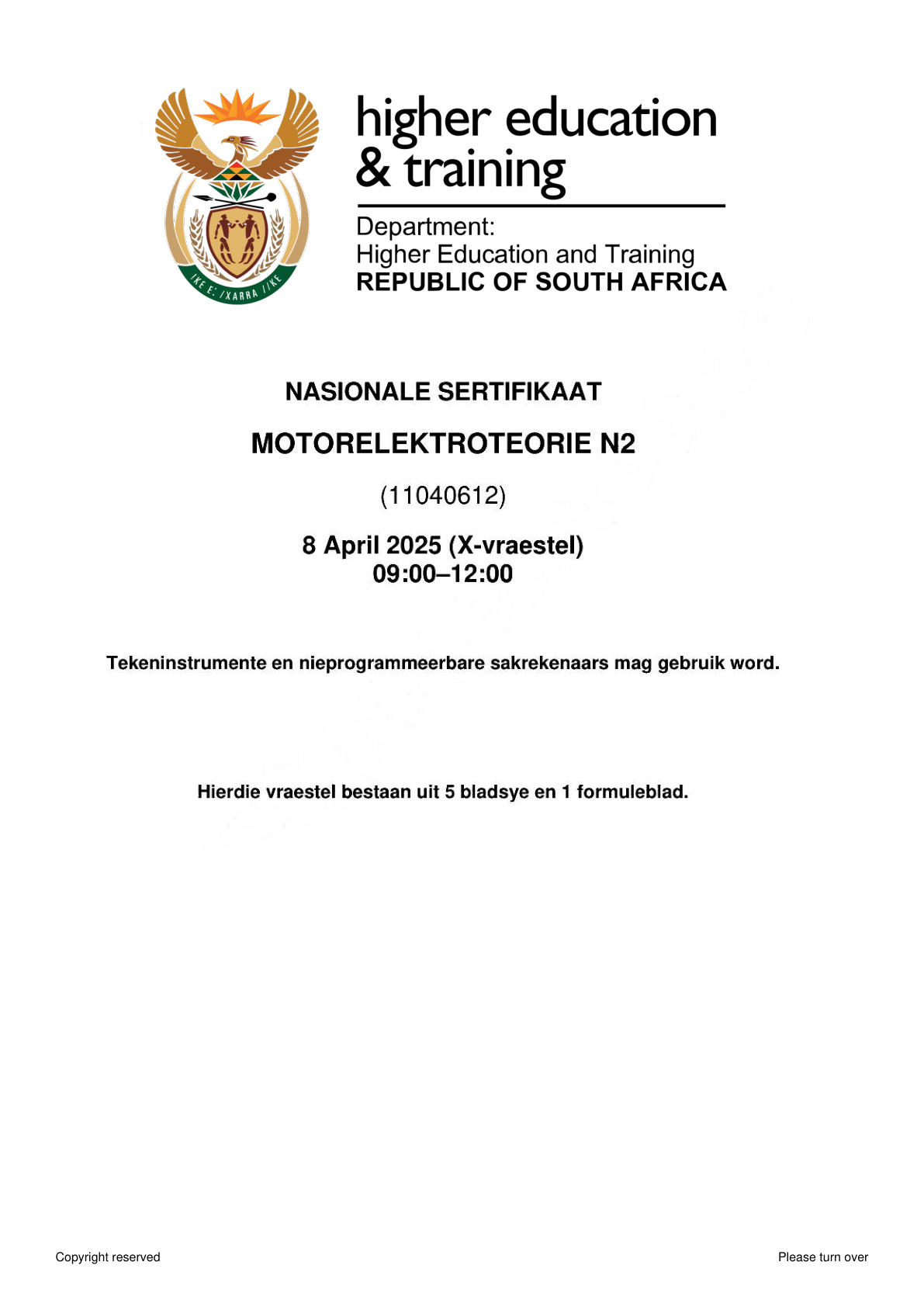 Motor Electrical Theory N2 DHET NATED April 2025 Paper X - Question Paper
