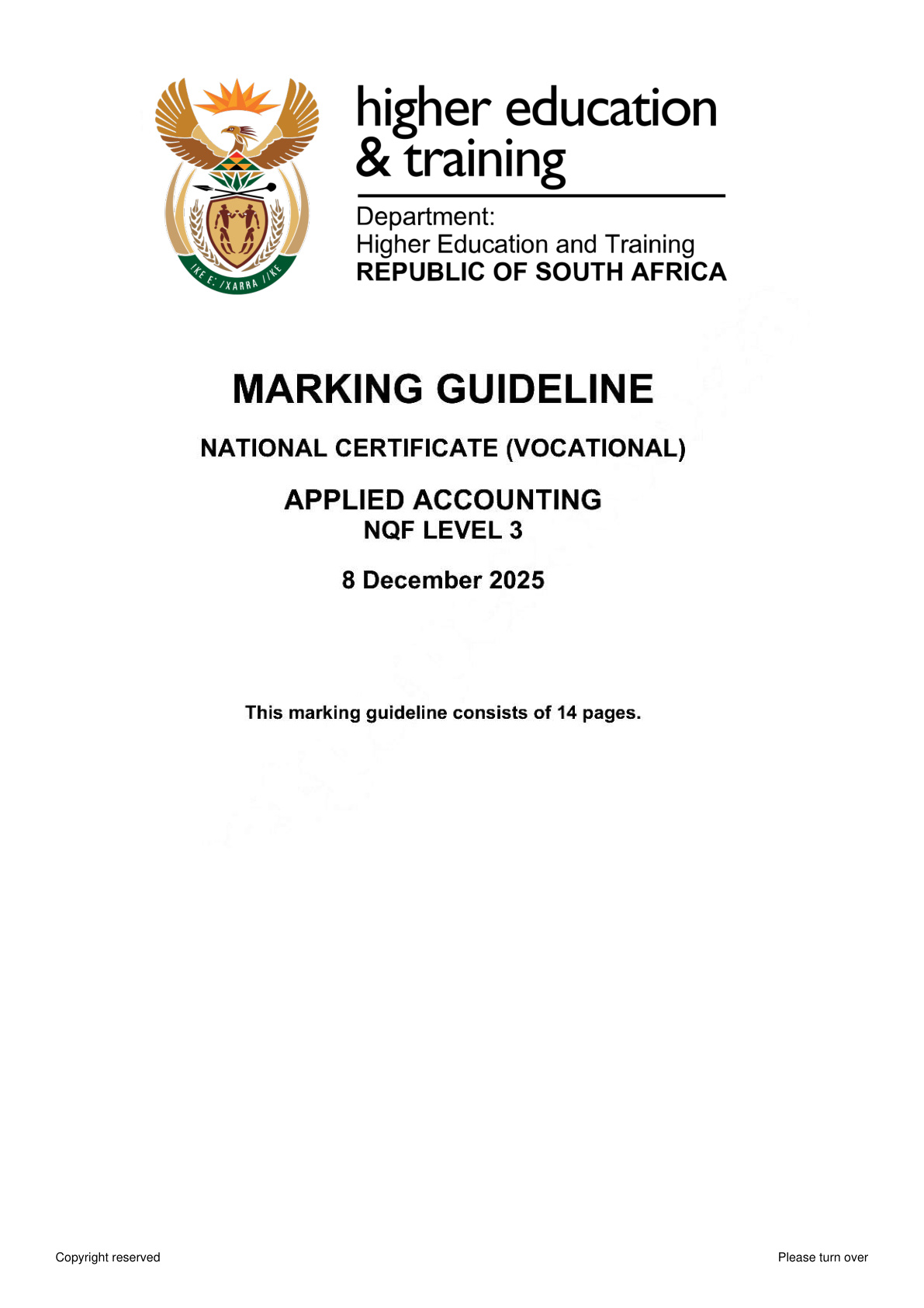 Applied Accounting Level 3 DHET NCV November 2025 - Memo