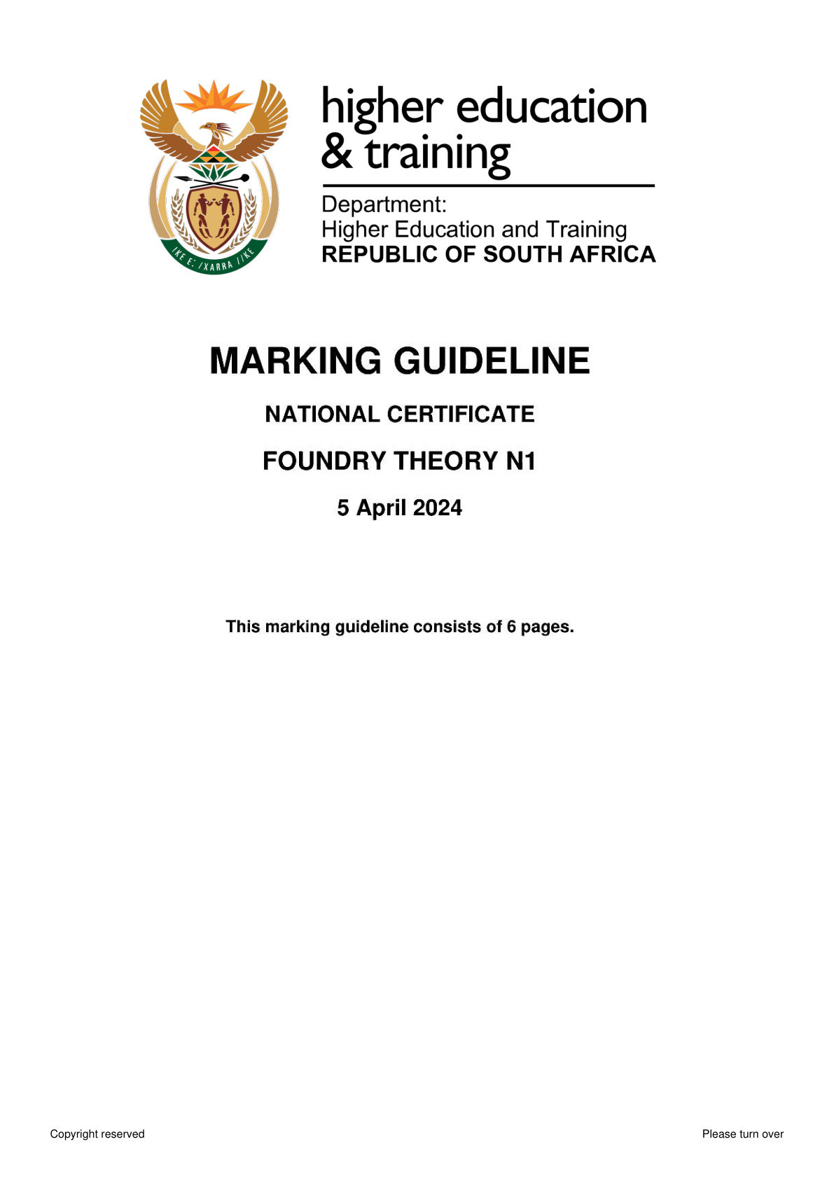 Moulders' Theory N1 DHET NATED April 2024 - Memo