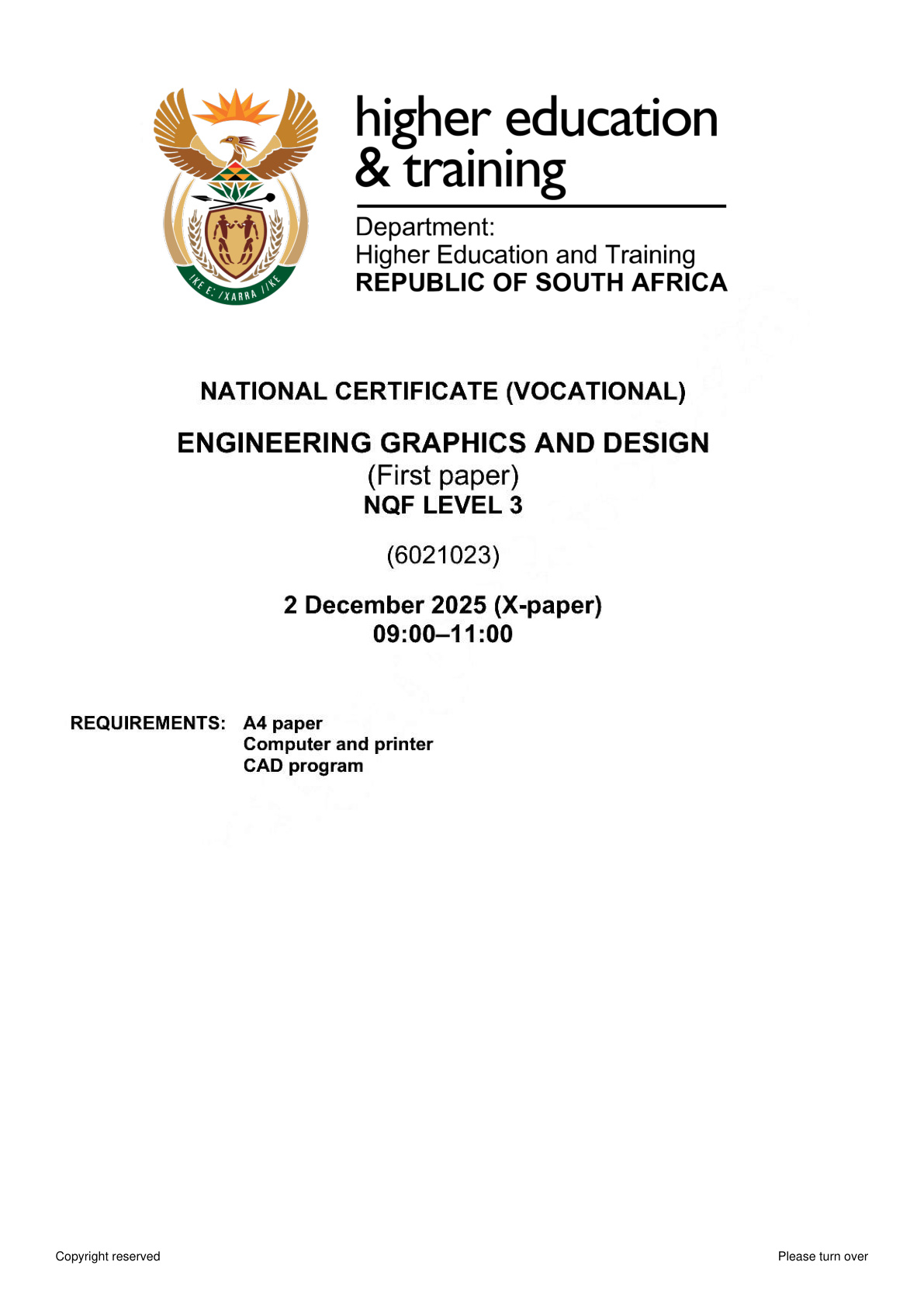 Engineering Graphics and Design Level 3 DHET NCV November 2025 Paper 1 - Question Paper