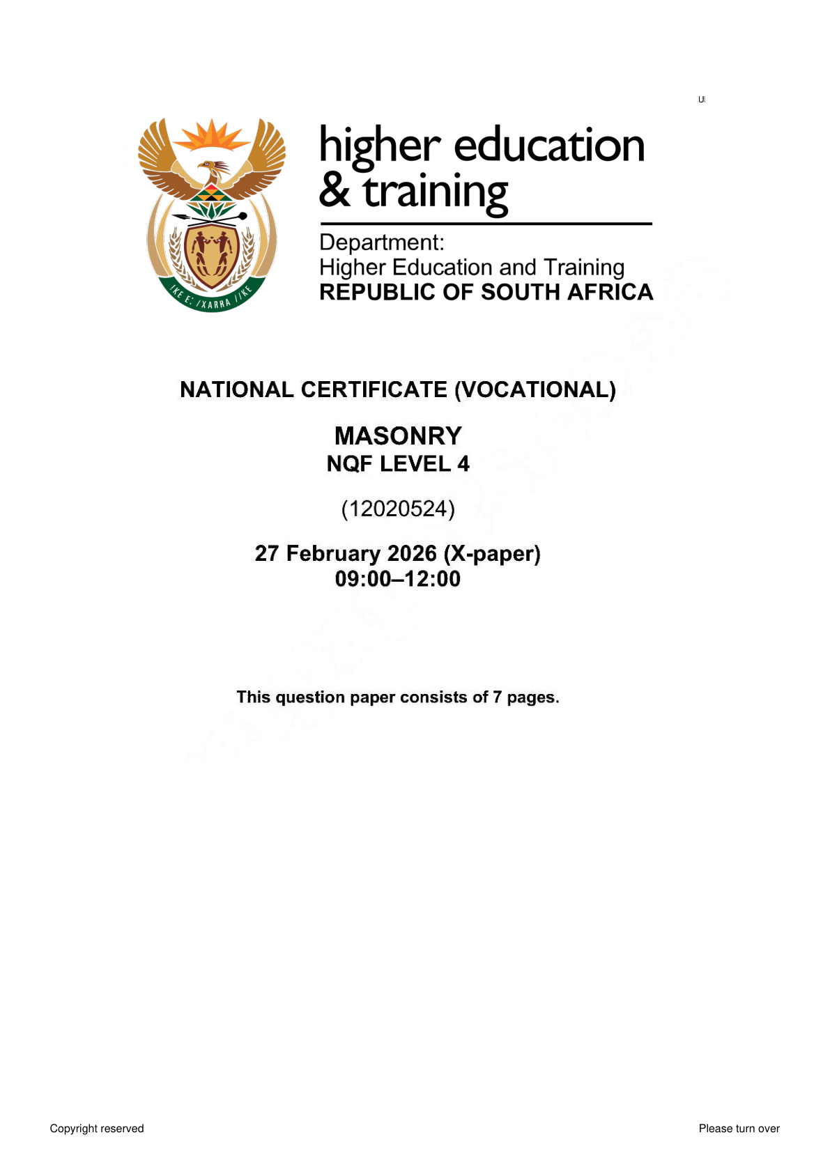 Masonry Level 4 DHET NCV 2026 - Question Paper