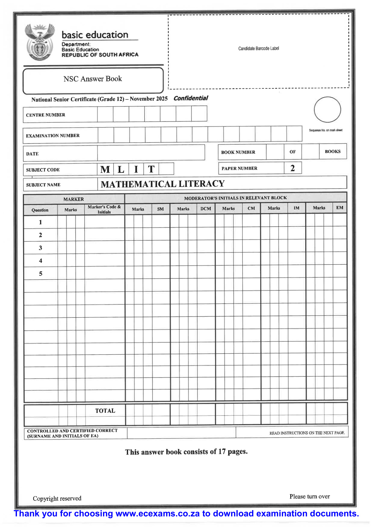 Mathematical Literacy Grade 12 DBE NSC November 2025 Paper 2 - Answer Book (Eastern Cape)