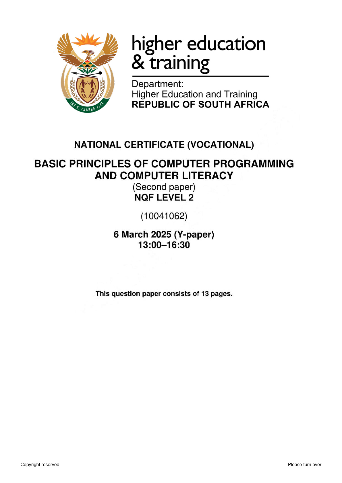 Basic Principles of Computer Programming and Computer Literacy Level 2 DHET NCV February 2025 Paper 2 - Question Paper