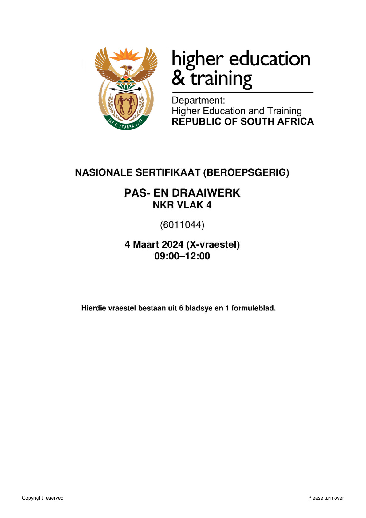Fitting and Turning Level 4 DHET NCV February 2024 - Question Paper