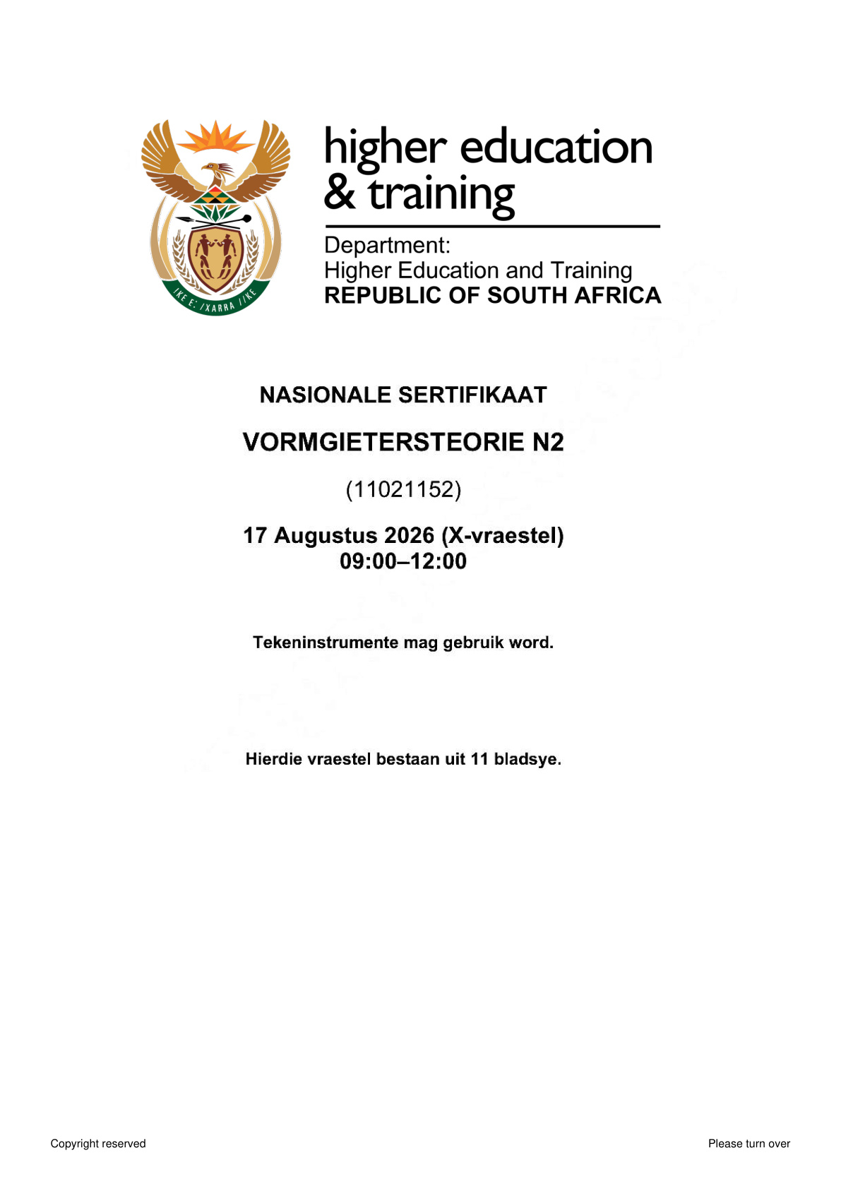 Moulders' Theory N2 DHET NATED August 2026 Paper X - Question Paper