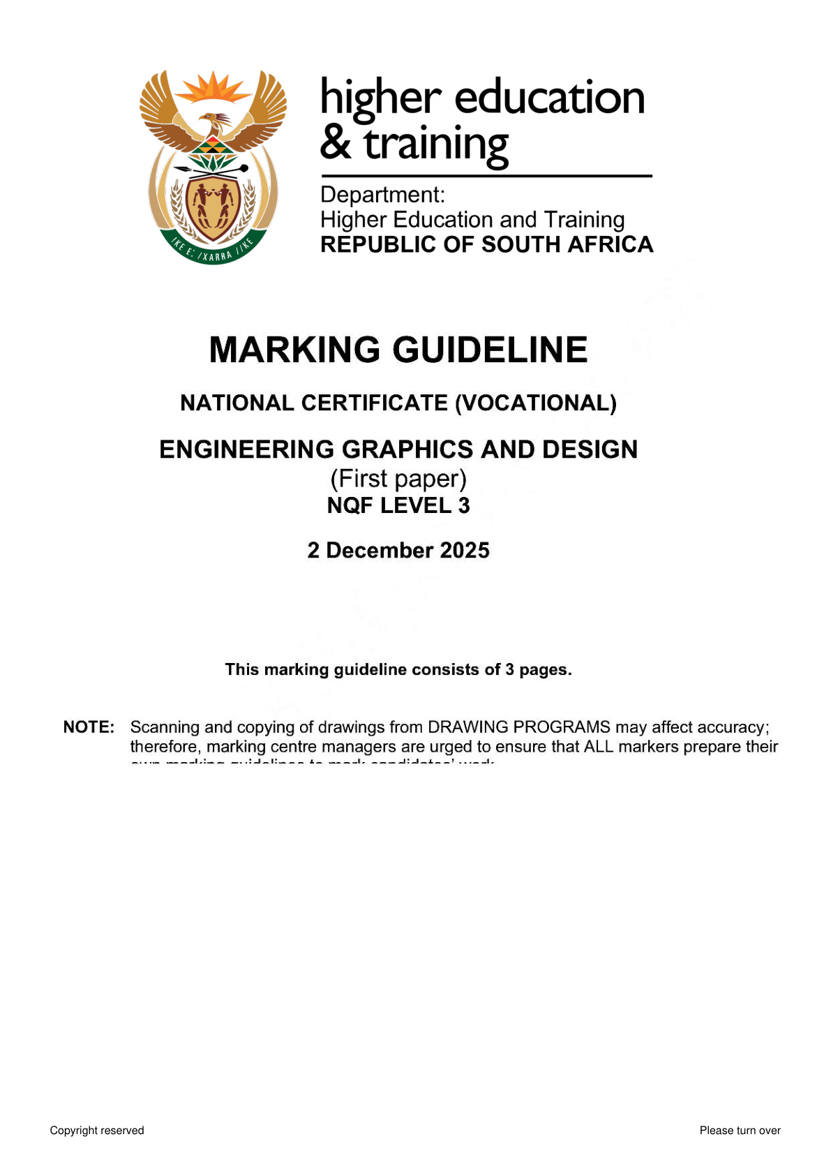 Engineering Graphics and Design Level 3 DHET NCV November 2025 Paper 1 - Memo