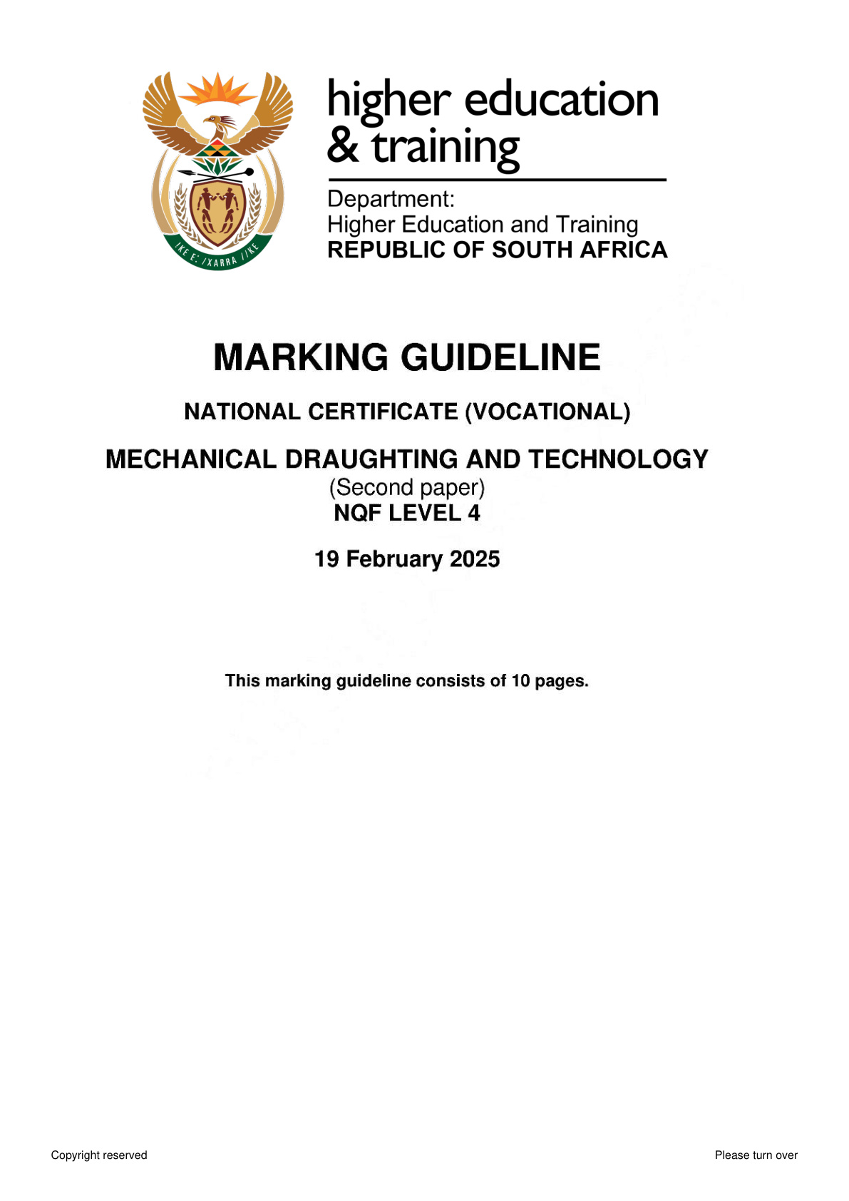 Mechanical Draughting and Technology Level 4 DHET NCV February 2025 Paper 2 - Memo