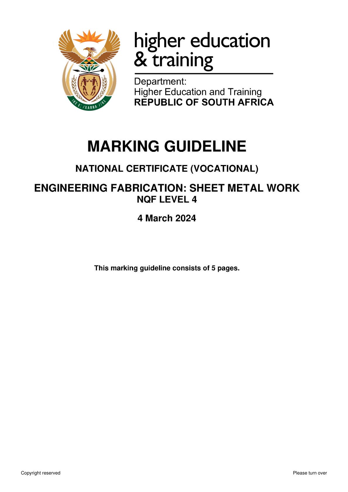 Engineering Fabrication: Sheet Metal Work Level 4 DHET NCV 2024 - Memo