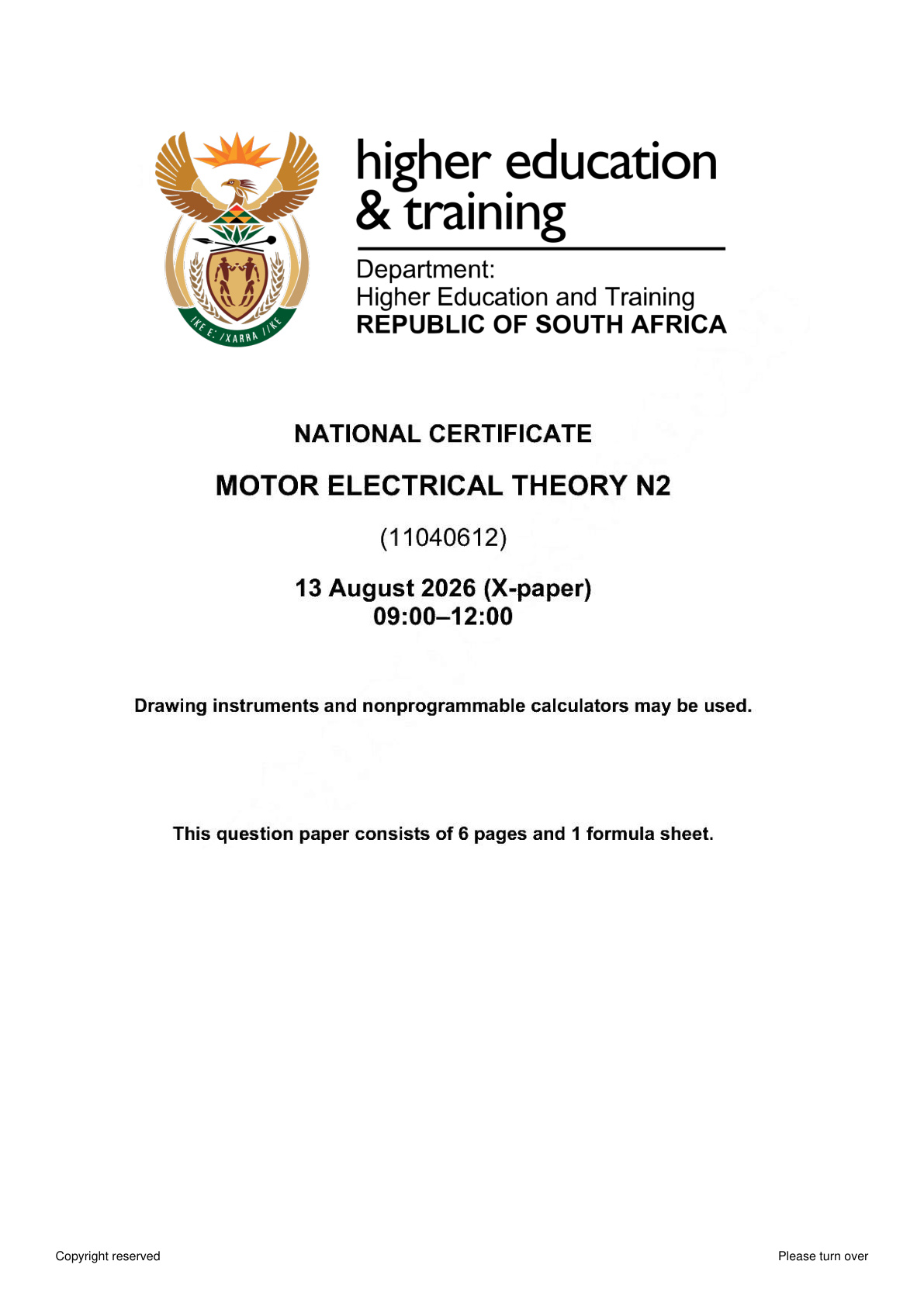 Motor Electrical Theory N2 DHET NATED August 2026 Paper X - Question Paper