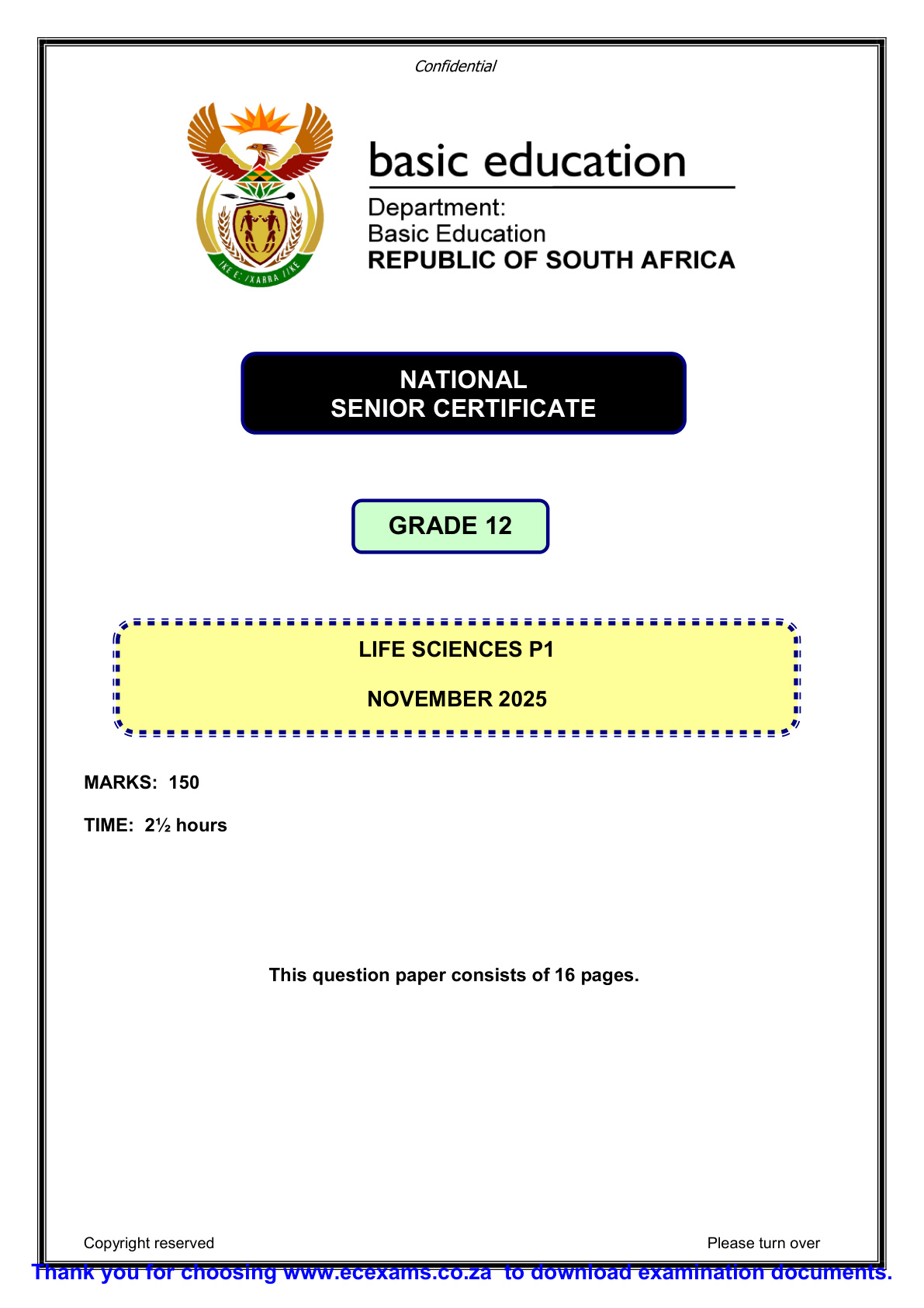 Life Sciences Grade 12 DBE NSC November 2025 Paper 1 - Question Paper (Eastern Cape)