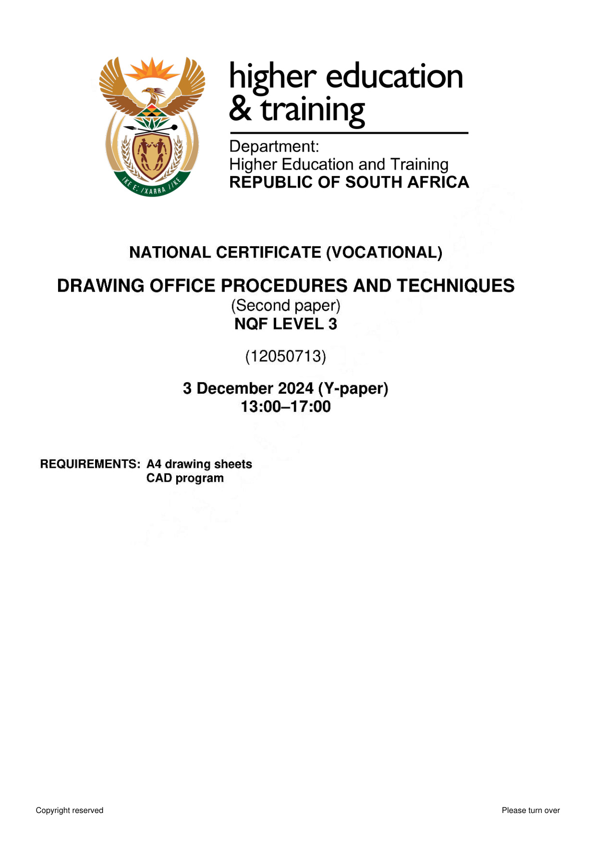 Drawing Office Procedures and Techniques Level 3 DHET NCV November 2024 Paper 2 - Question Paper