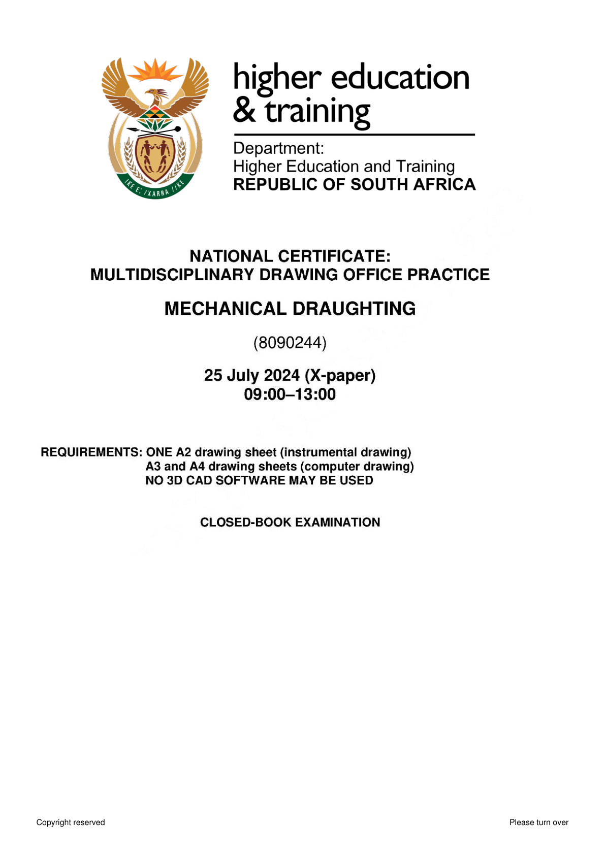 Mechanical Draughting N4 Dhet Nated August 2024 Paper 10 - Question Paper