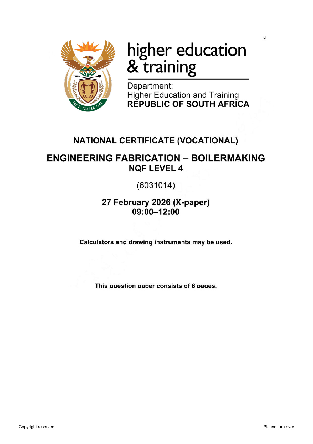 Engineering Fabrication: Boilermaking Level 4 DHET NCV 2026 - Question Paper