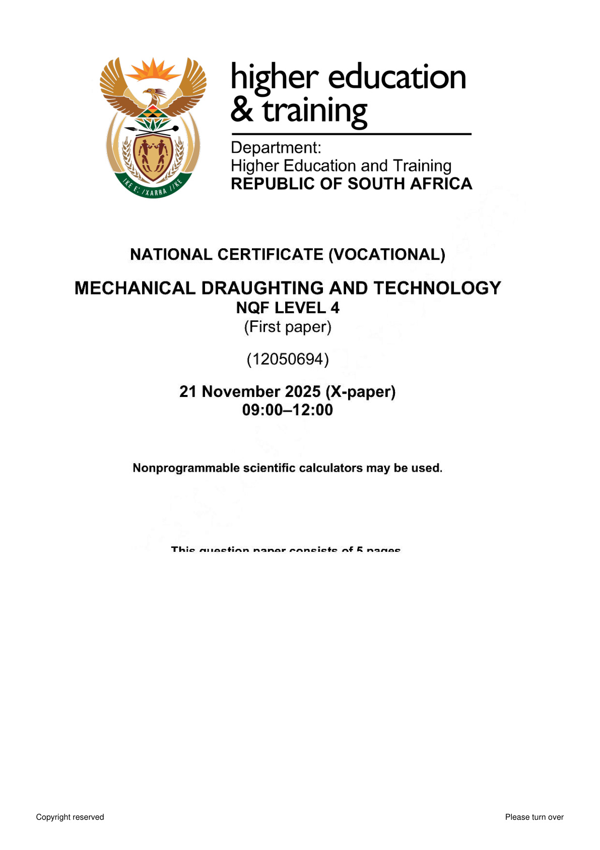 Mechanical Draughting and Technology Level 4 DHET NCV November 2025 Paper 1 - Question Paper