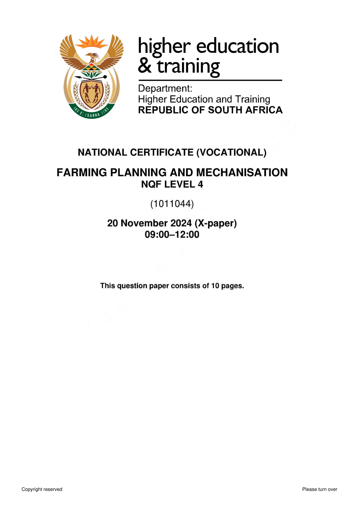 Farm Planning and Mechanisation Level 4 DHET NCV November 2024 - Question Paper