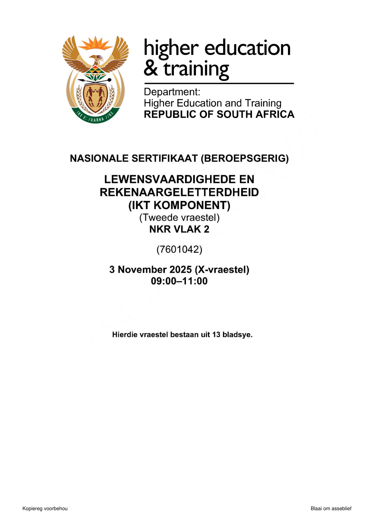 Life Skills and Computer Literacy Level 2 DHET NCV November 2025 Paper 2 - Question Paper