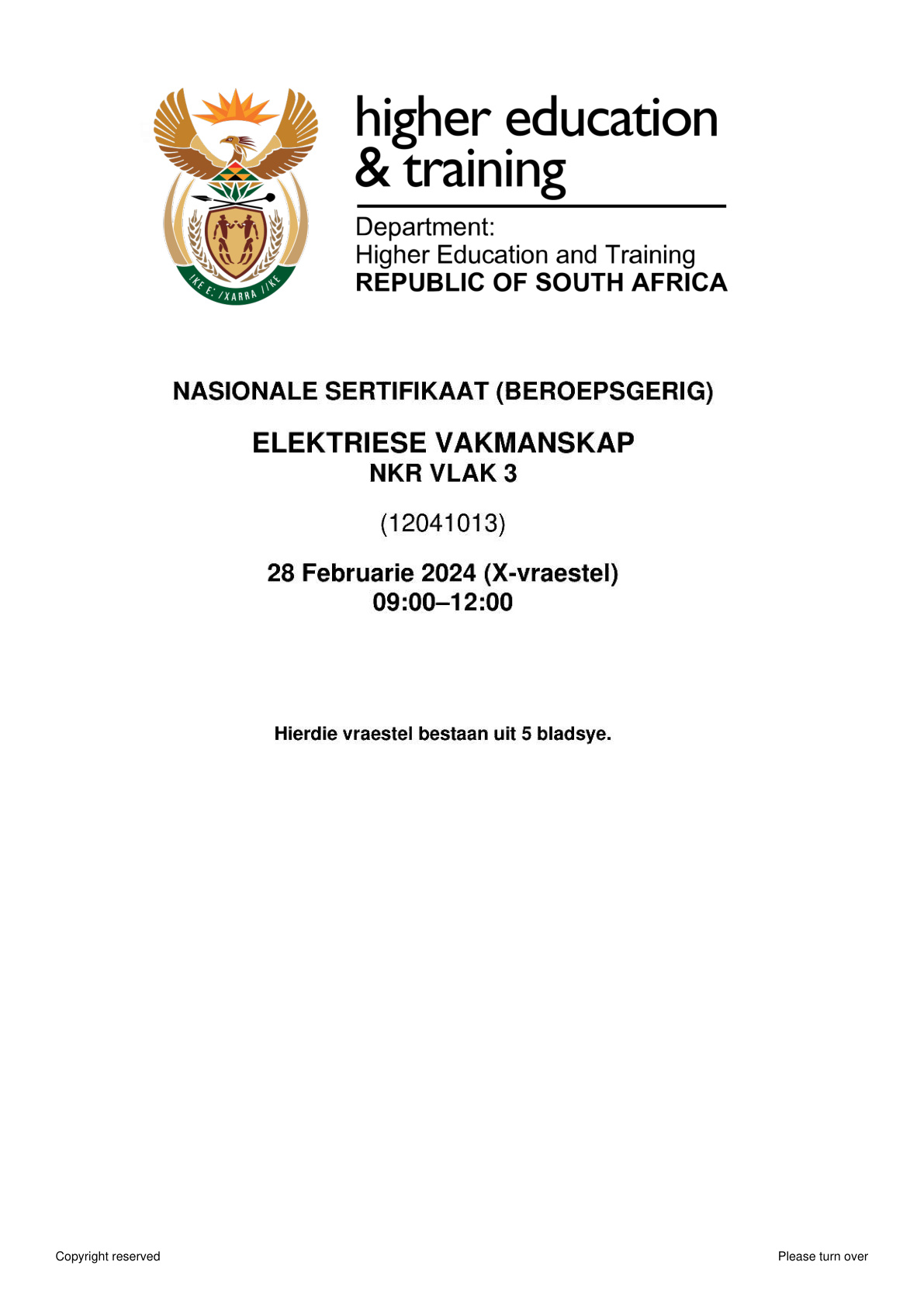 Electrical Workmanship Level 3 DHET NCV 2024 - Question Paper
