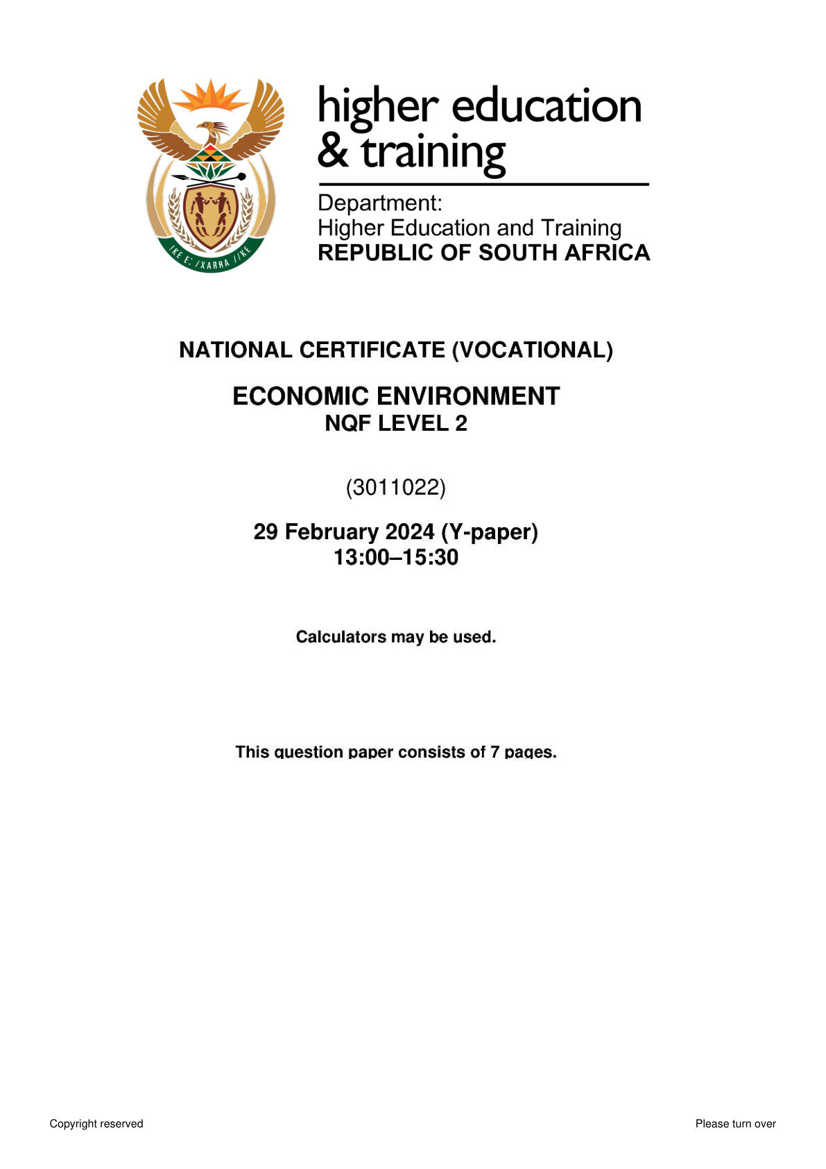 Economic Environment Level 2 Dhet NCV 2024 - Question Paper