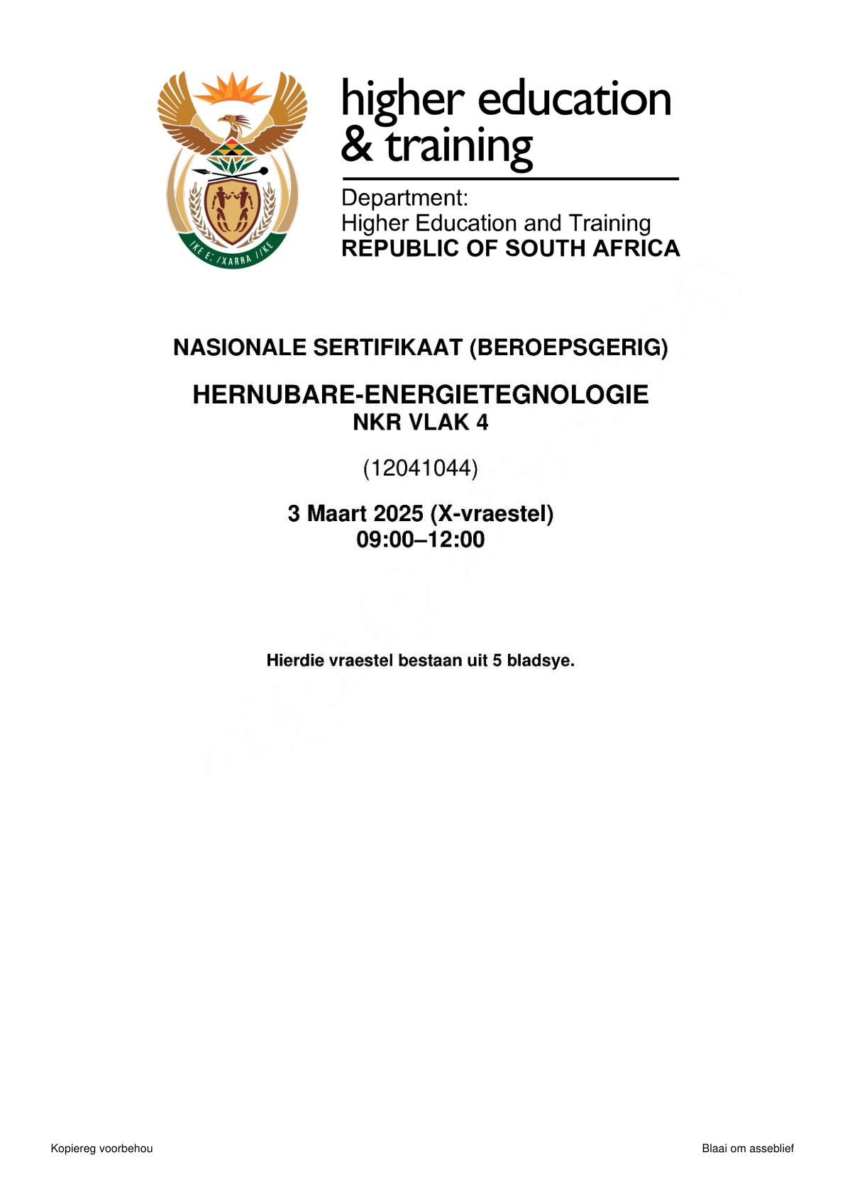 Renewable Energy Technologies Level 4 DHET NCV February 2025 - Question Paper