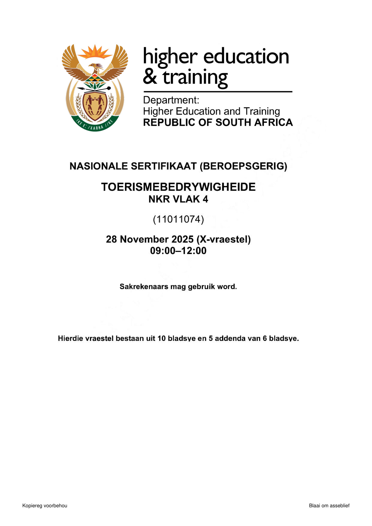 Tourism Operations Level 4 DHET NCV November 2025 - Question Paper