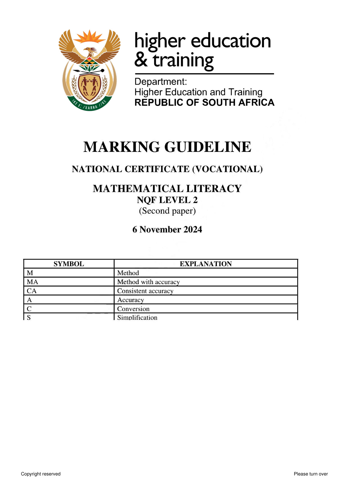 Mathematical Literacy Level 2 DHET NCV November 2024 Paper 2 - Memo