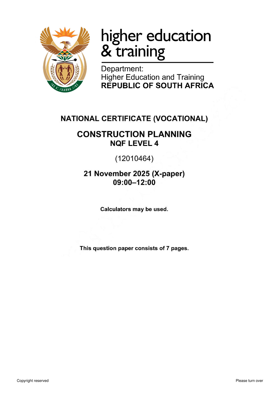 Construction Planning Level 4 DHET NCV November 2025 - Question Paper