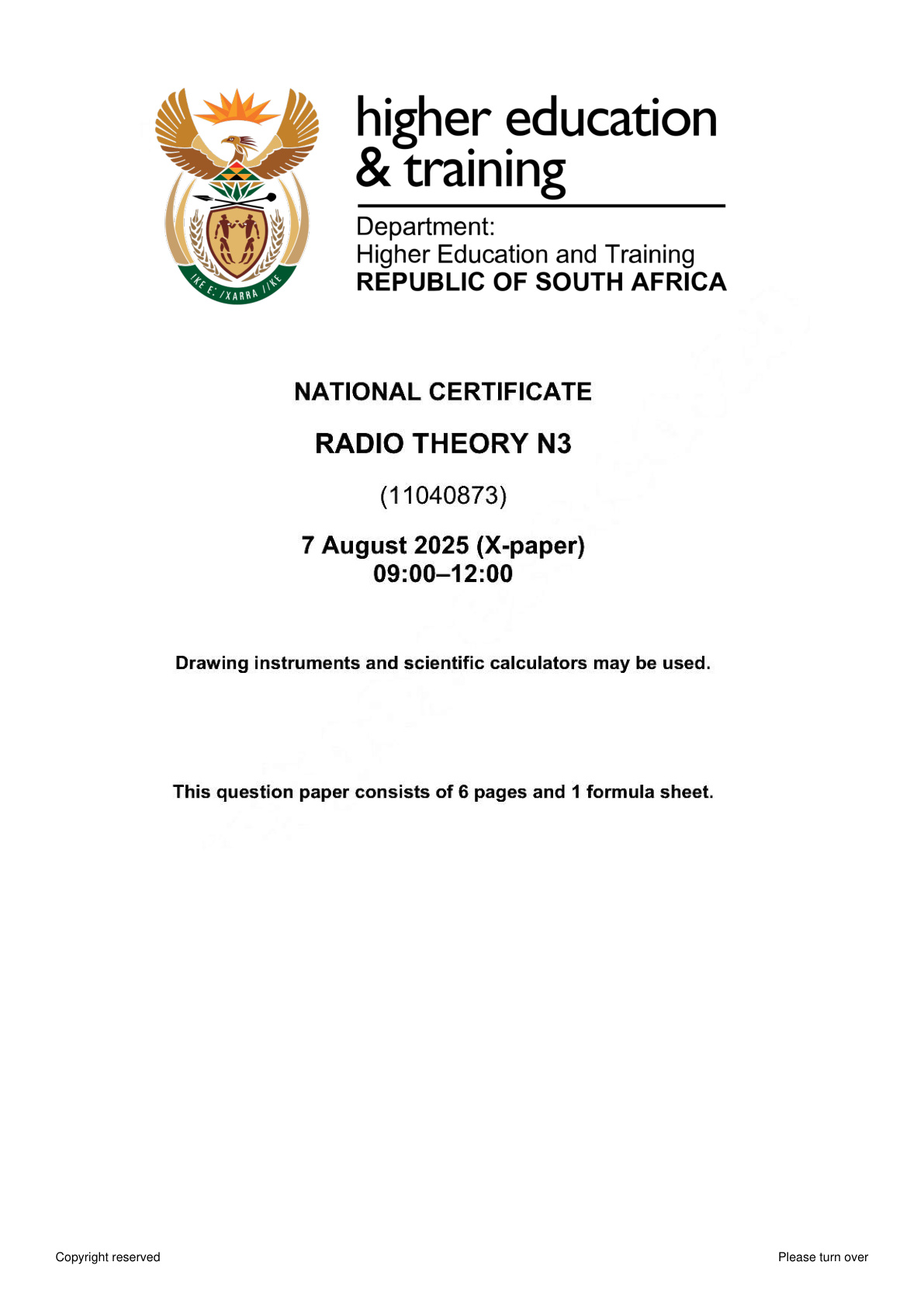 Radio Theory N3 DHET NATED August 2025 Paper X - Question Paper