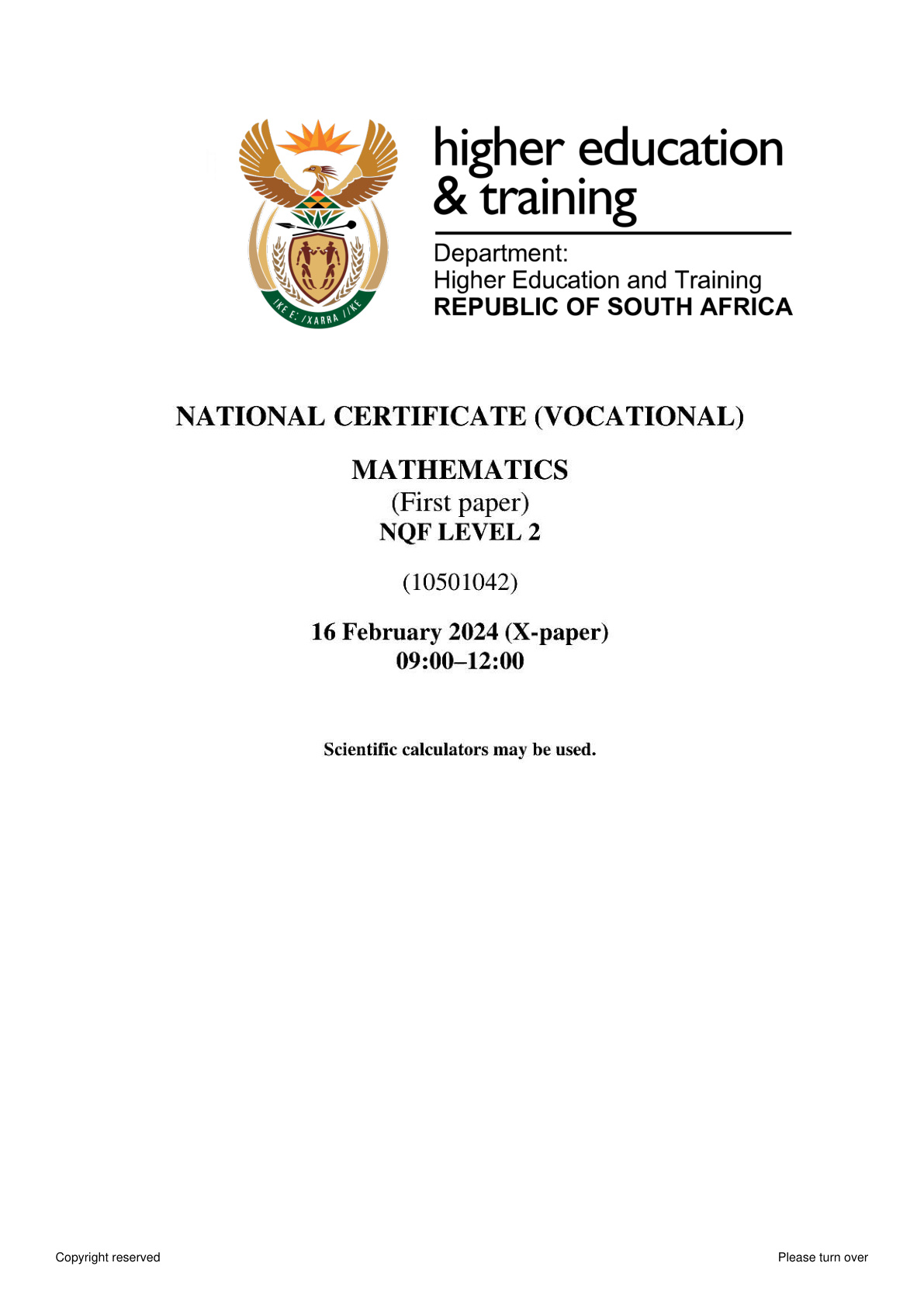 Mathematics Level 2 DHET NCV 2024 Paper 1 - Question Paper