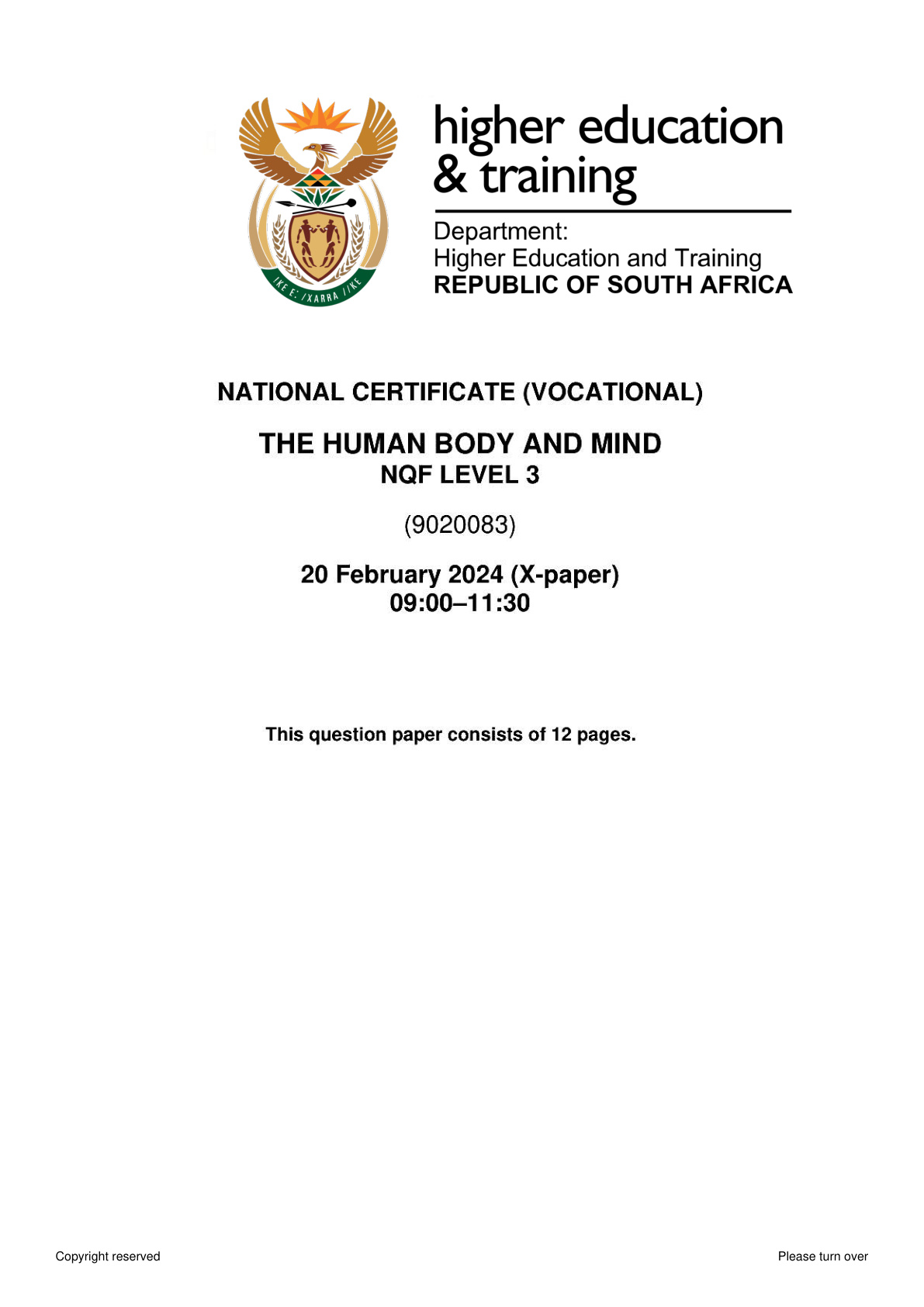 The Human Body and Mind Level 3 DHET NCV 2024 - Question Paper