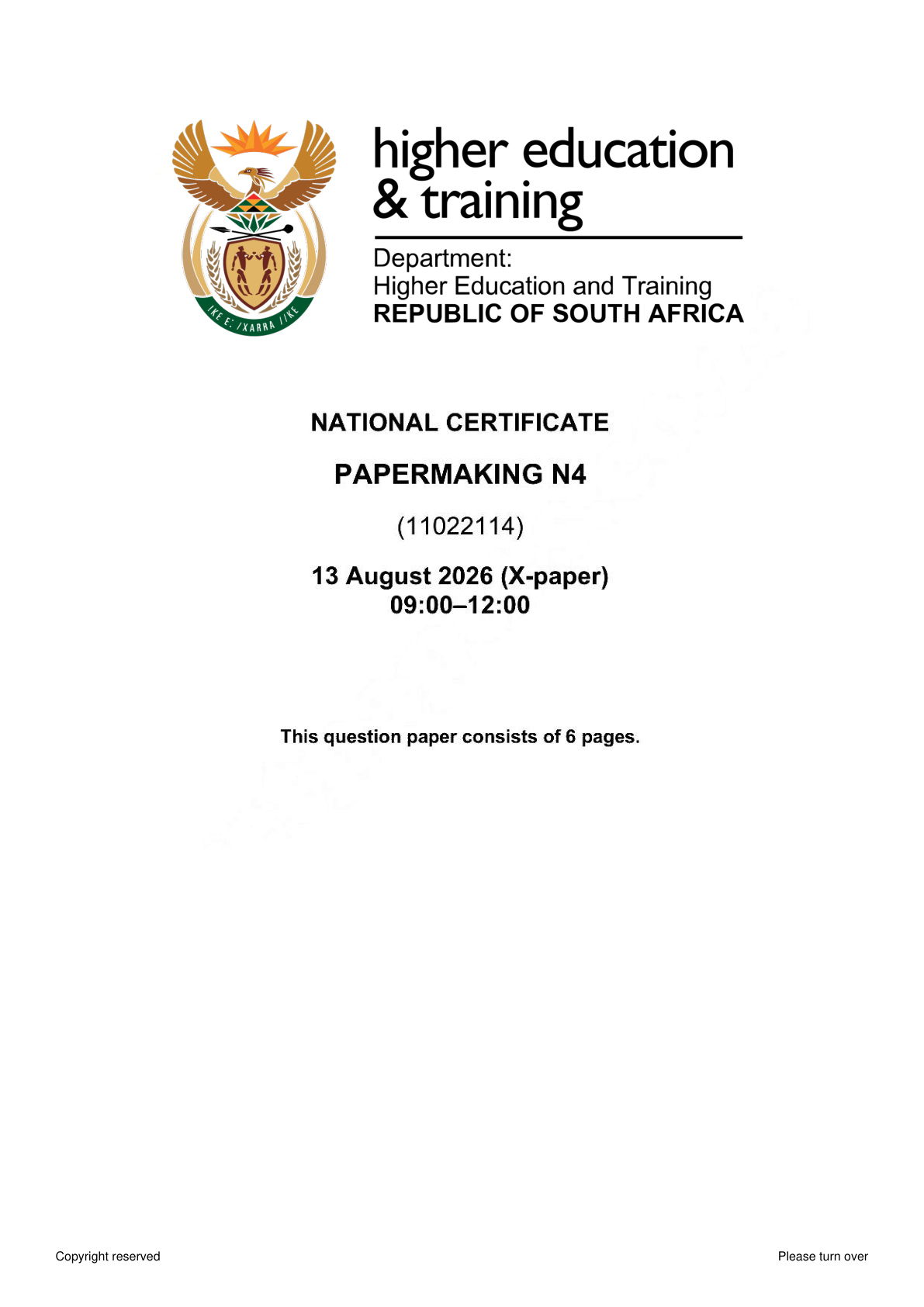 Pulp and Papermaking Technology N4 DHET NATED August 2026 Paper X - Question Paper