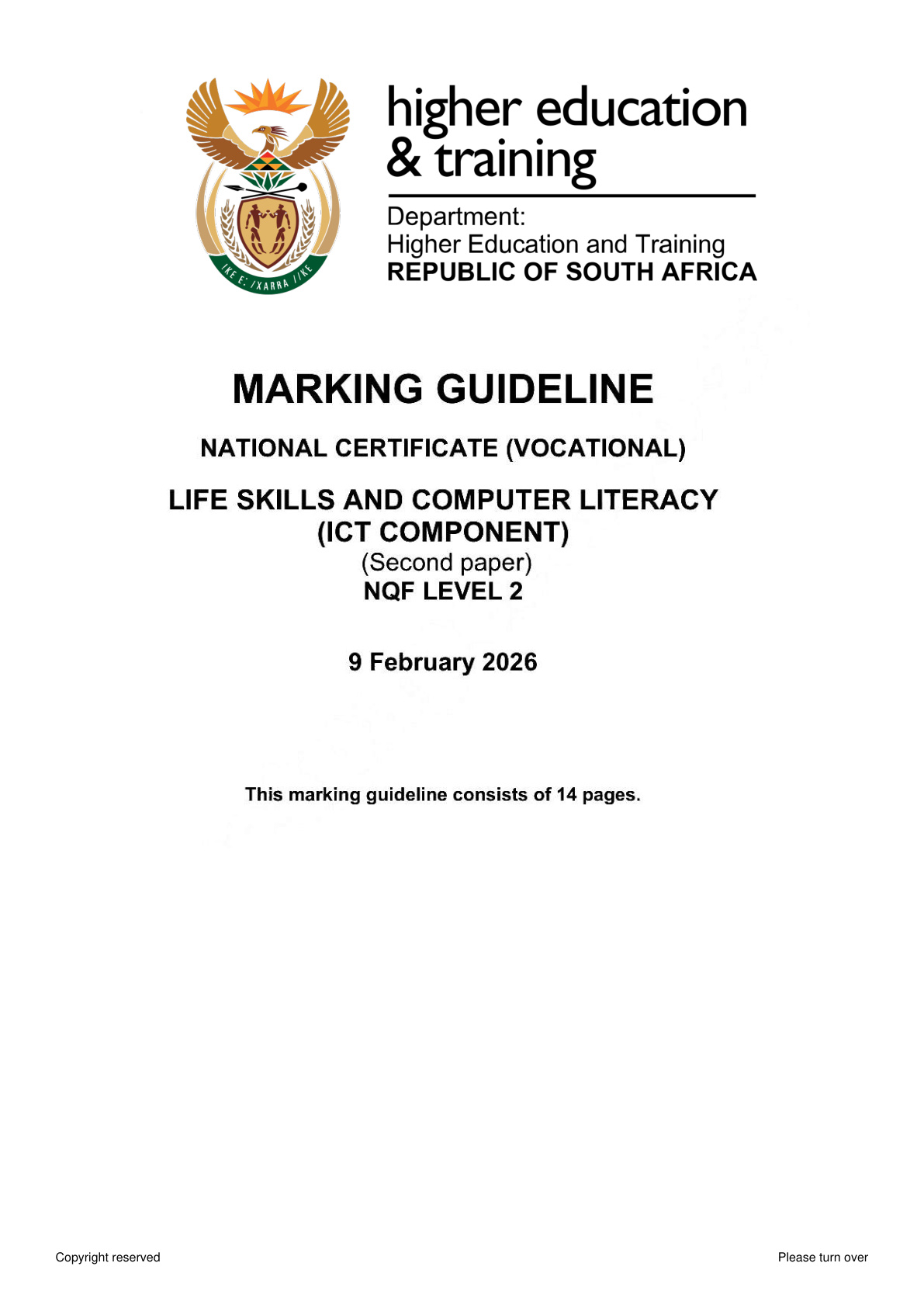Life Skills and Computer Literacy Level 2 DHET NCV February 2026 Paper 2 - Memo