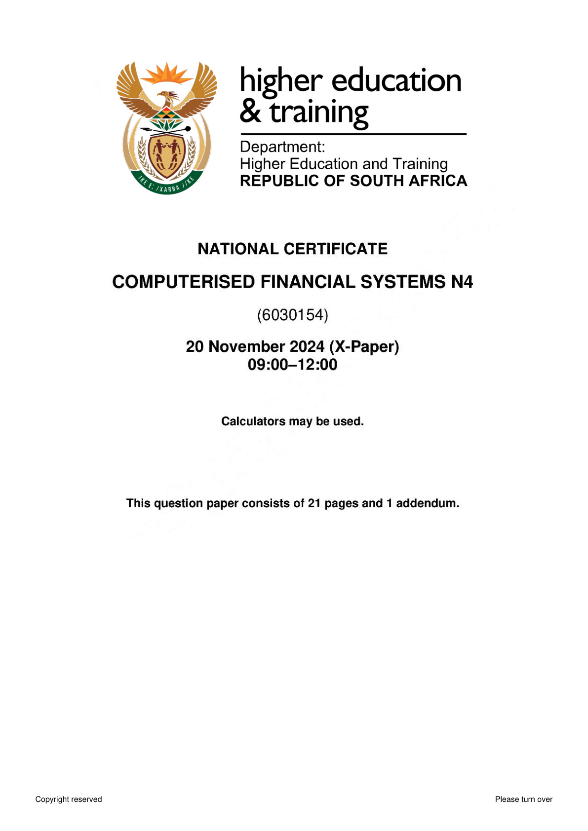 Computerised Financial Systems N4 DHET NATED November 2024 Paper X - Question Paper
