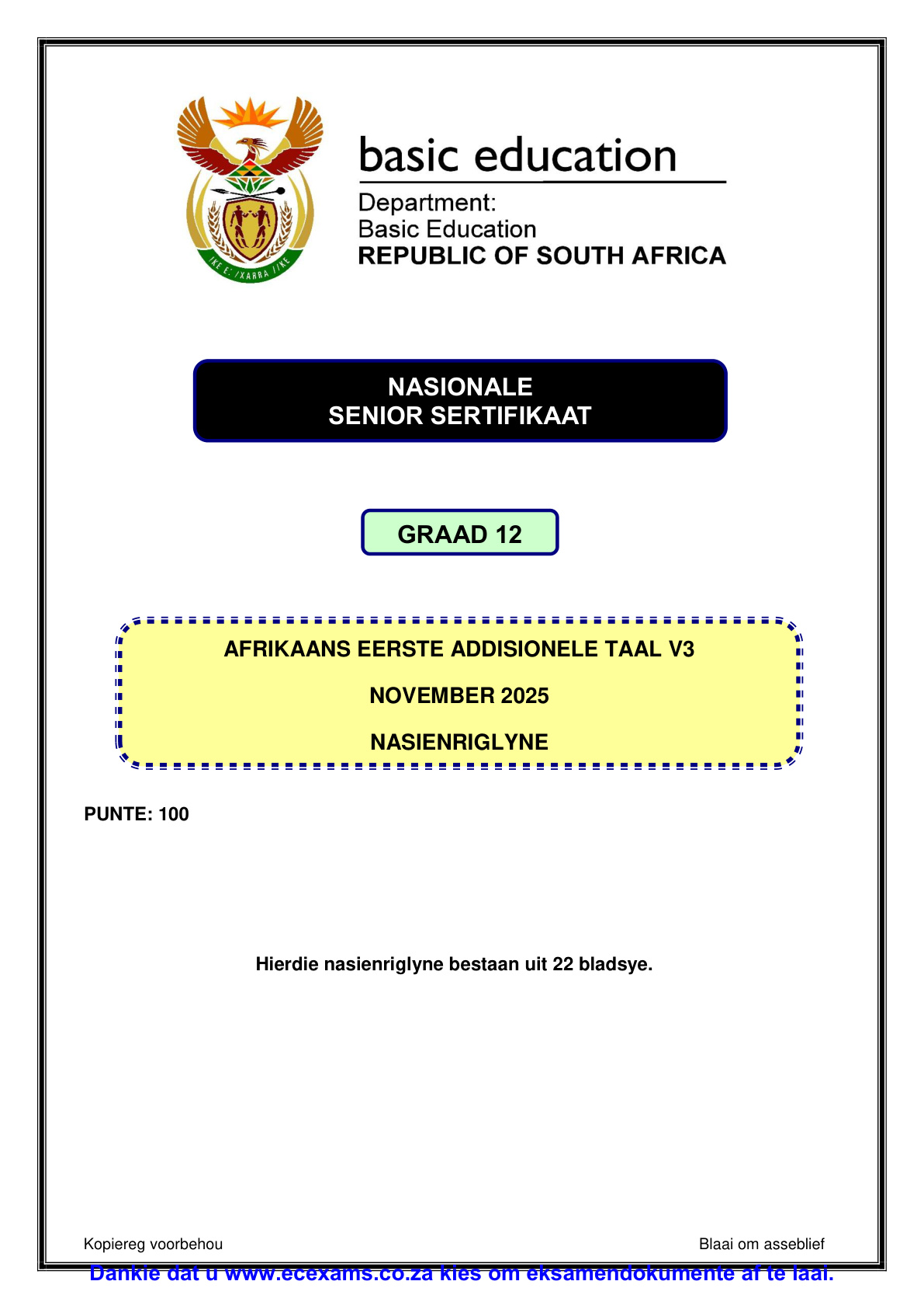 Afrikaans First Additional Language Grade 12 DBE NSC November 2025 Paper 3 - Memo (Eastern Cape)