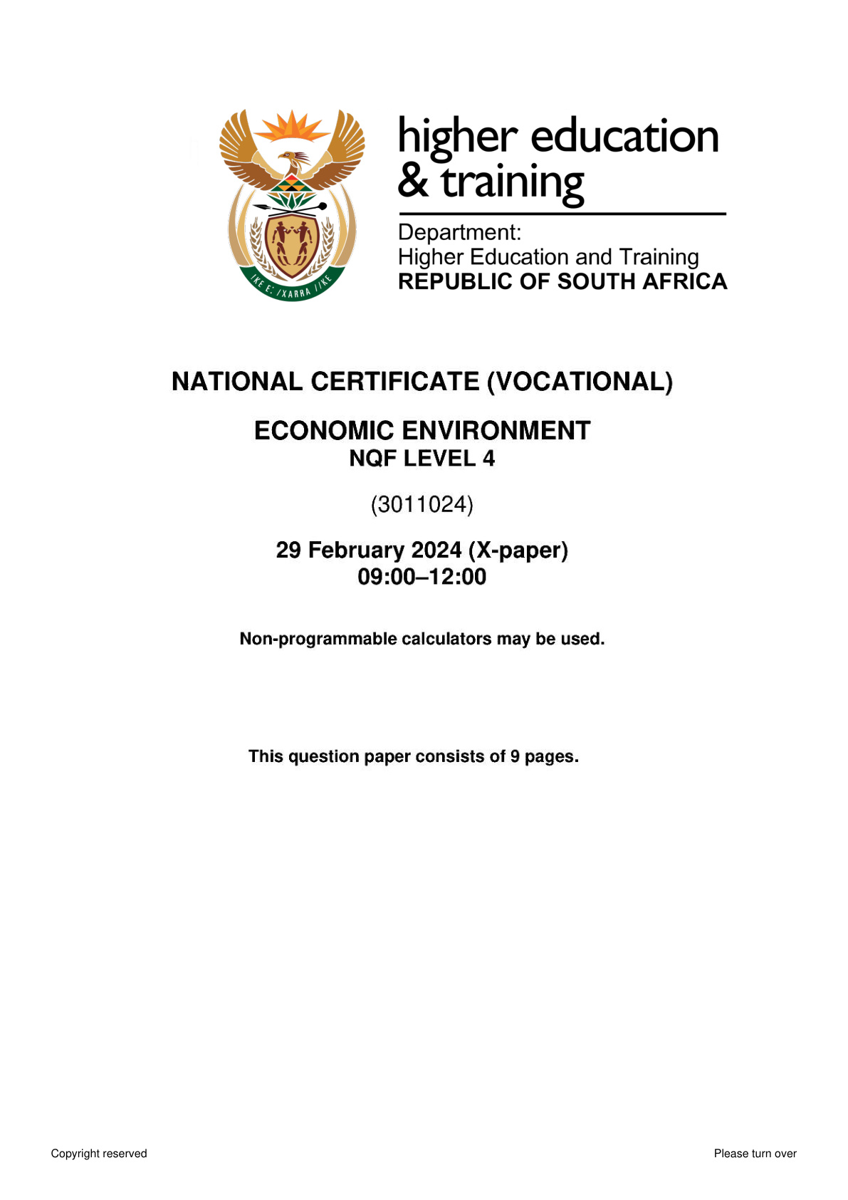 Economic Environment Level 4 DHET NCV February 2024 - Question Paper