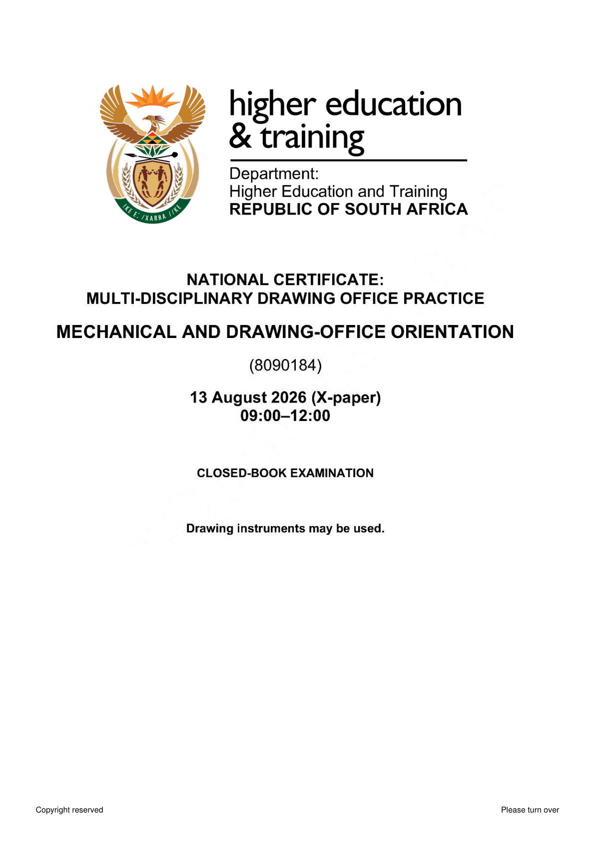 Mechanical and Drawing-Office Orientation N4 DHET NATED August 2026 Paper X - Question Paper