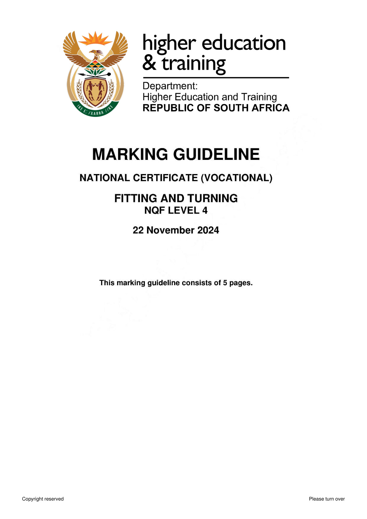 Fitting and Turning Level 4 DHET NCV November 2024 - Memo