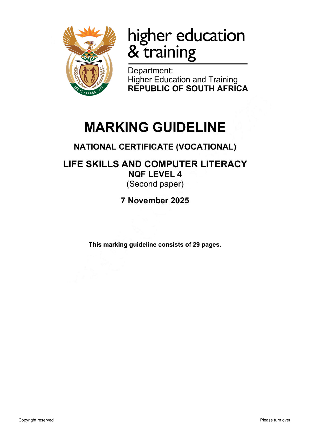 Life Skills And Computer Literacy Level 4 Dhet NCV November 2025 Paper 2 - Memo