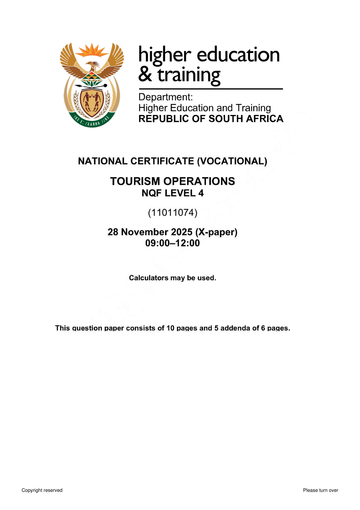 Tourism Operations Level 4 DHET NCV November 2025 - Question Paper