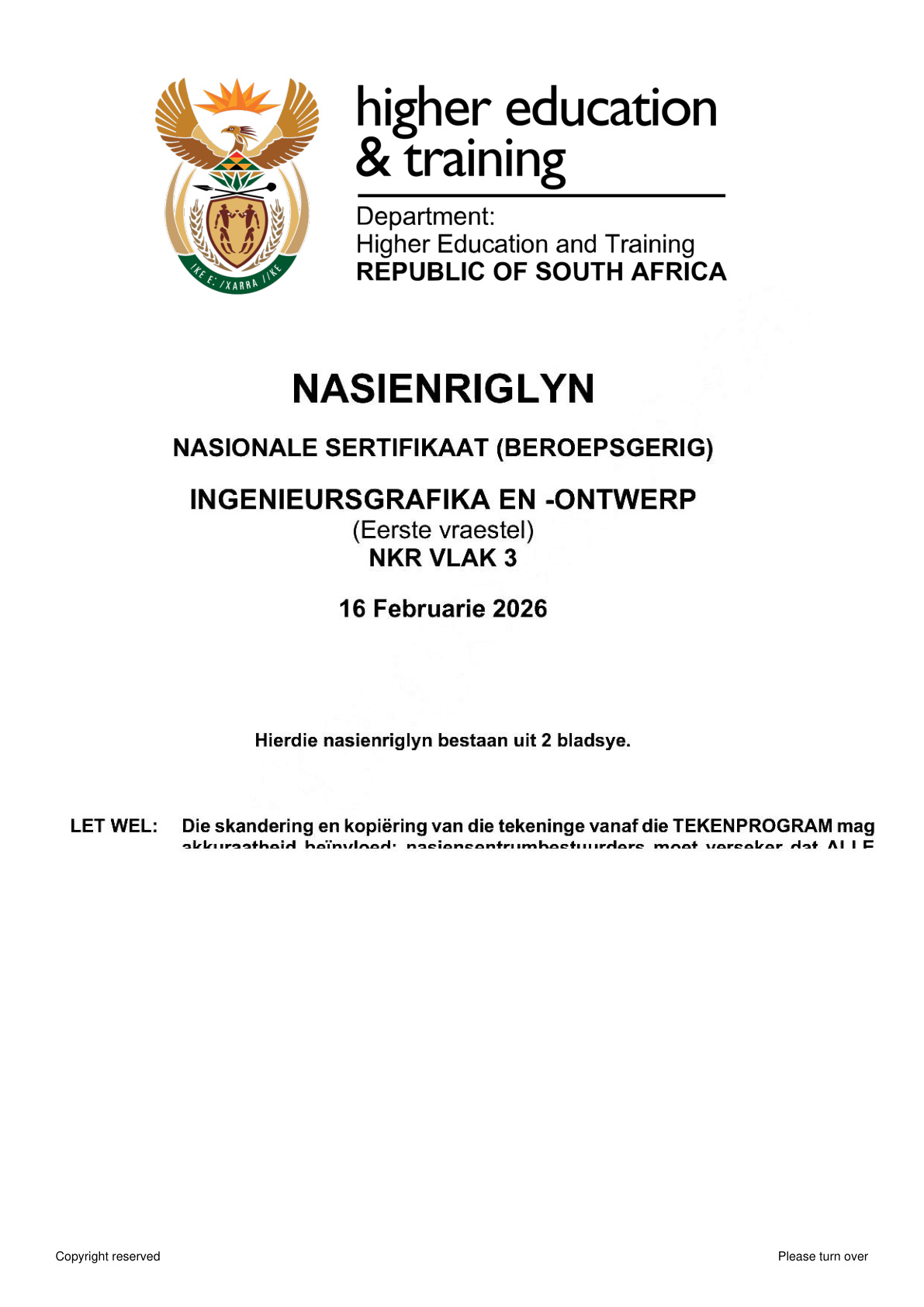 Engineering Graphics and Design Level 3 DHET NCV 2026 Paper 1 - Memo