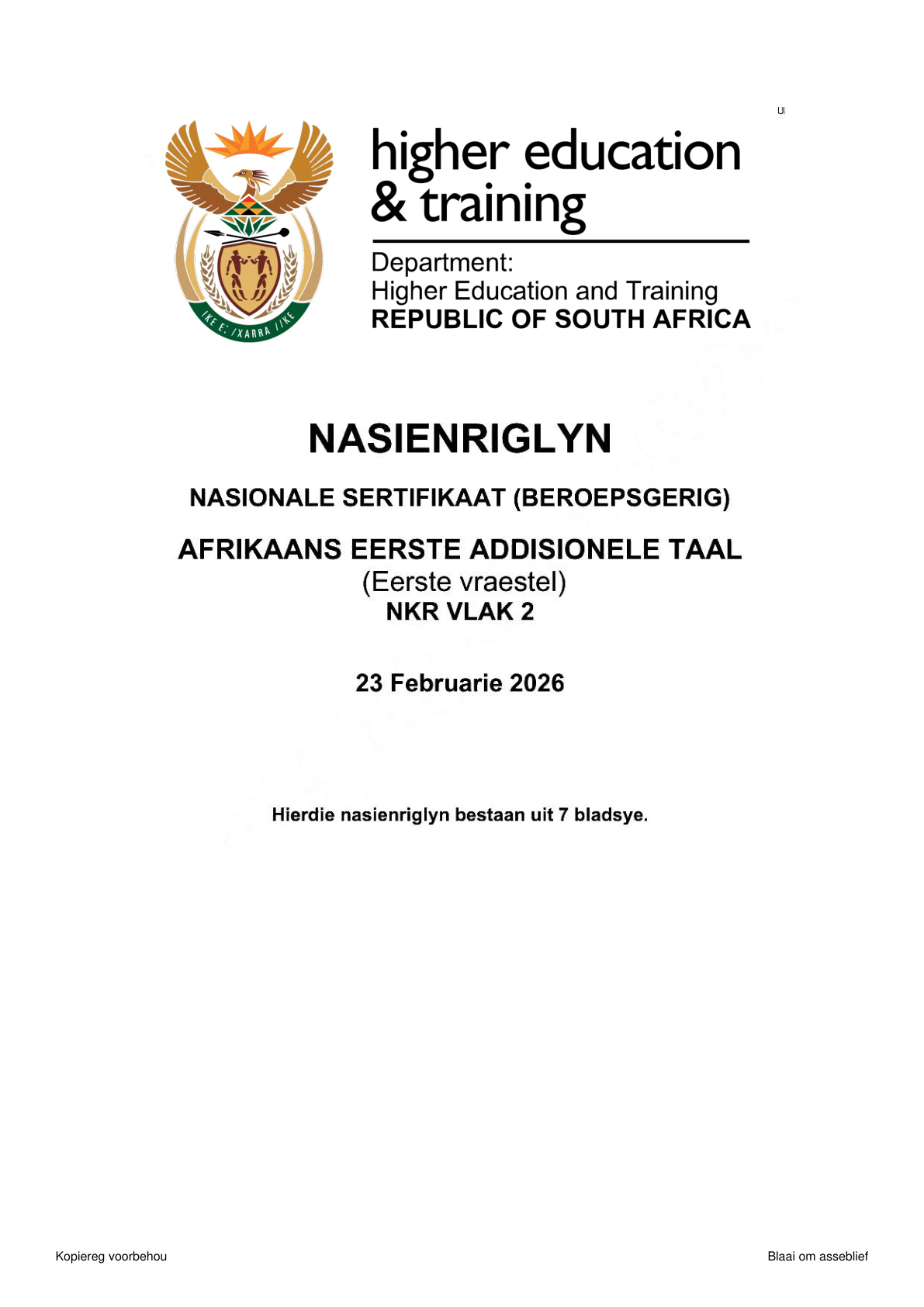 Afrikaans First Additional Language Level 2 DHET NCV 2026 Paper 1 - Memo