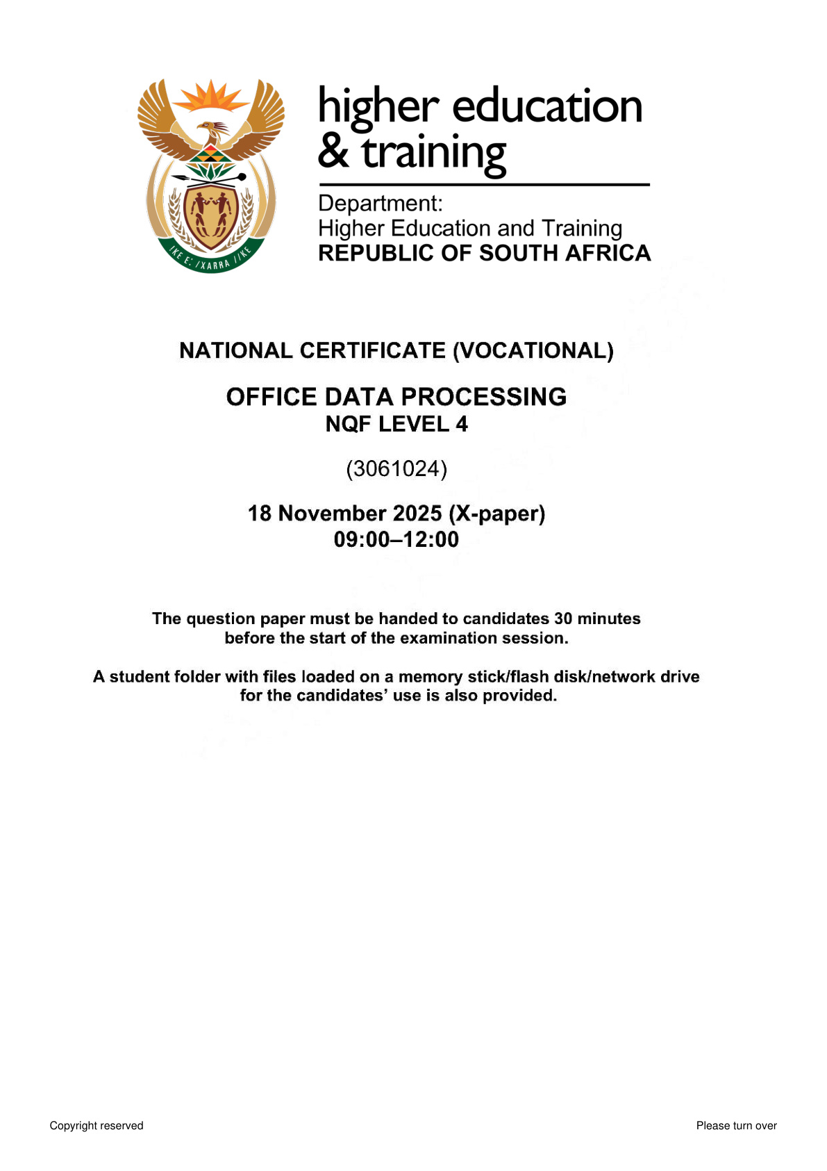 Office Data Processing Level 4 DHET NCV November 2025 - Question Paper