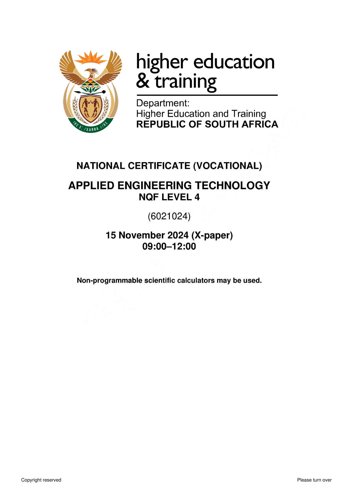 Applied Engineering Technology Level 4 DHET NCV November 2024 - Question Paper