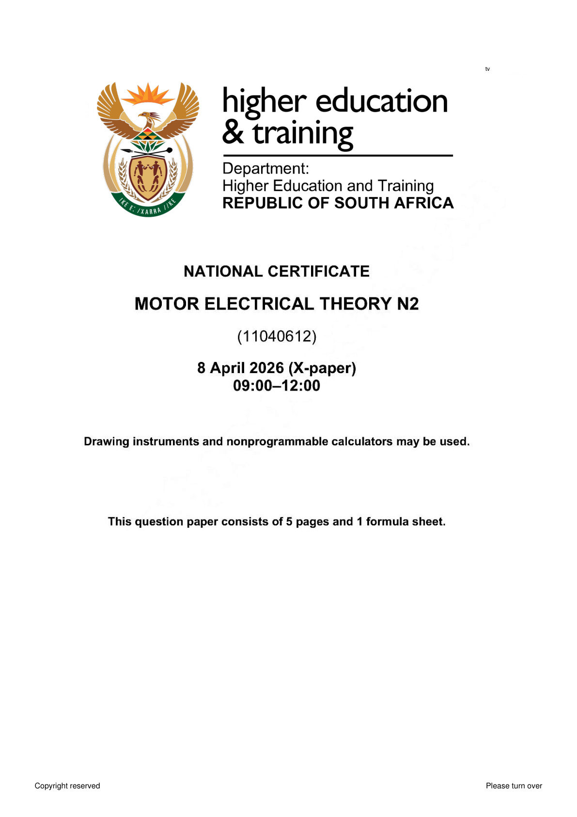 Motor Electrical Theory N2 DHET NATED April 2026 Paper X - Question Paper