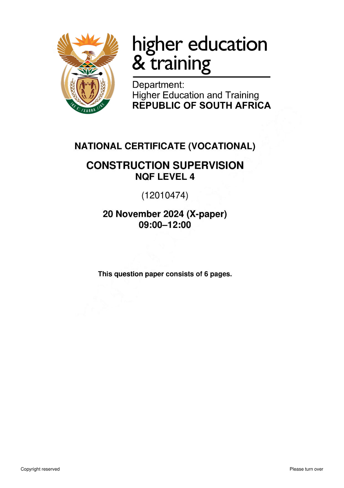 Construction Supervision Level 4 DHET NCV November 2024 - Question Paper