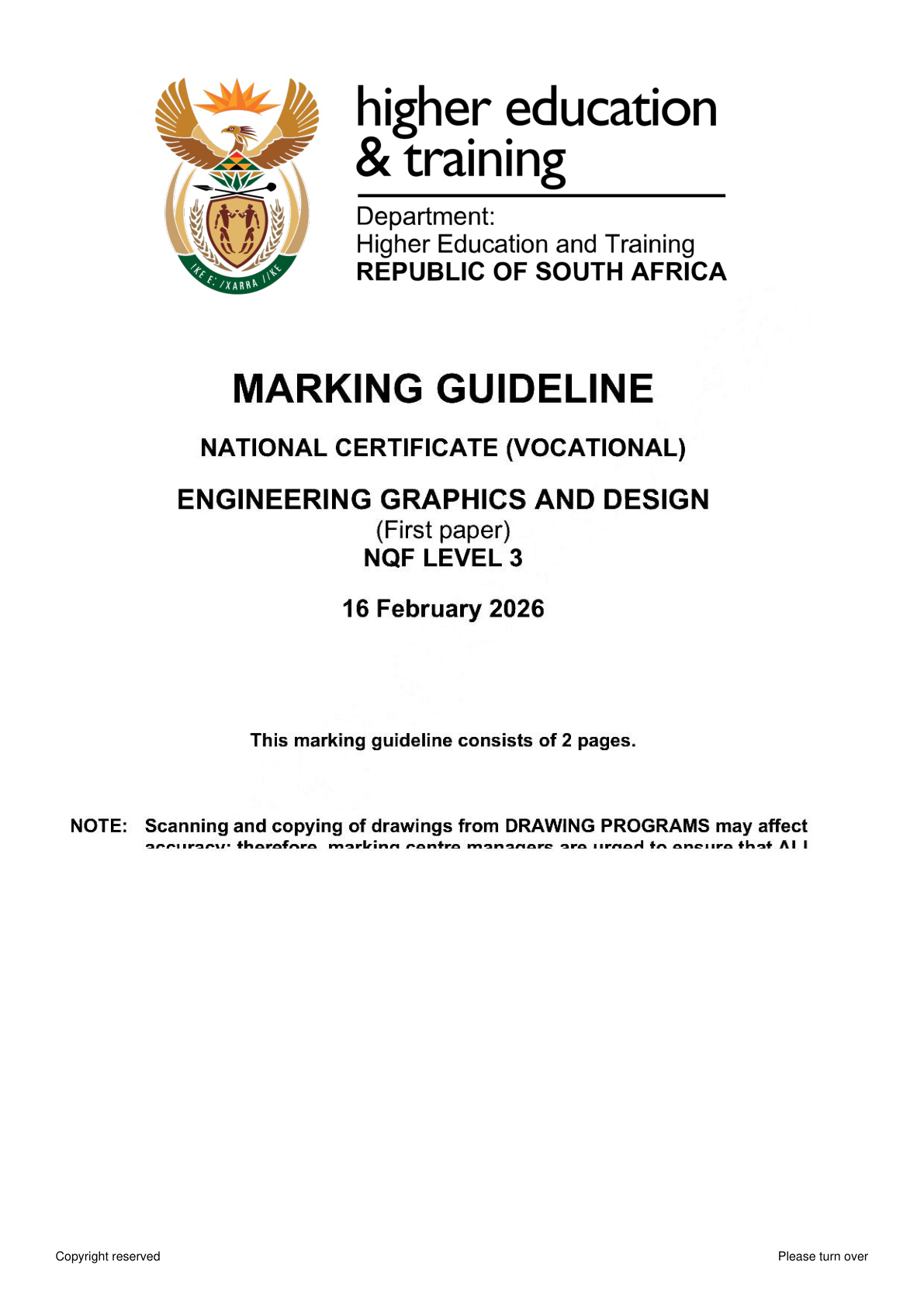 Engineering Graphics and Design Level 3 DHET NCV 2026 Paper 1 - Memo